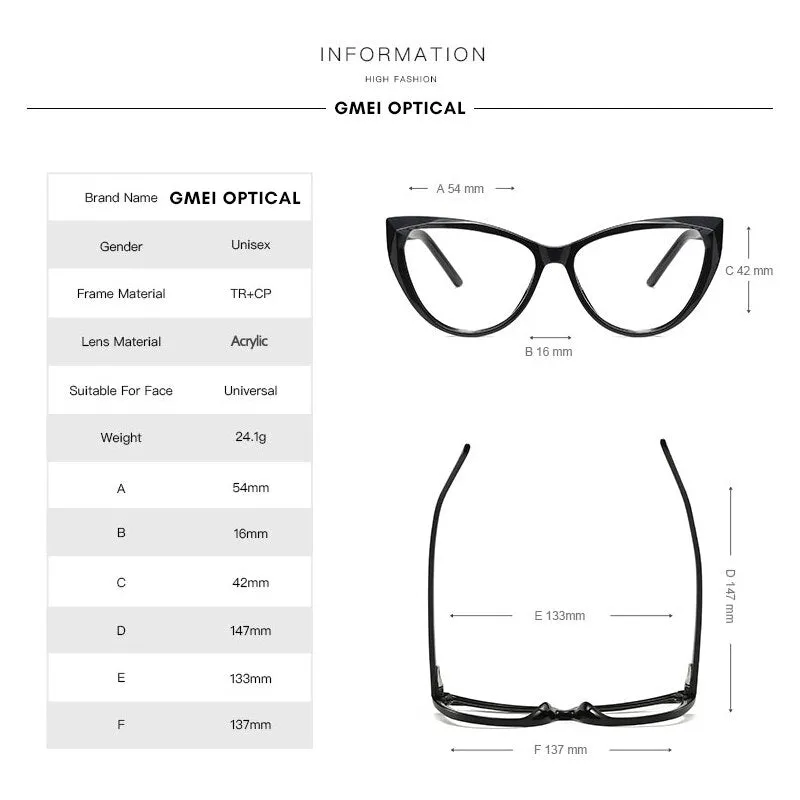 Gmei Women's Eyeglasses Cat Eye Acrylic Tr90 Cp Frame 2003