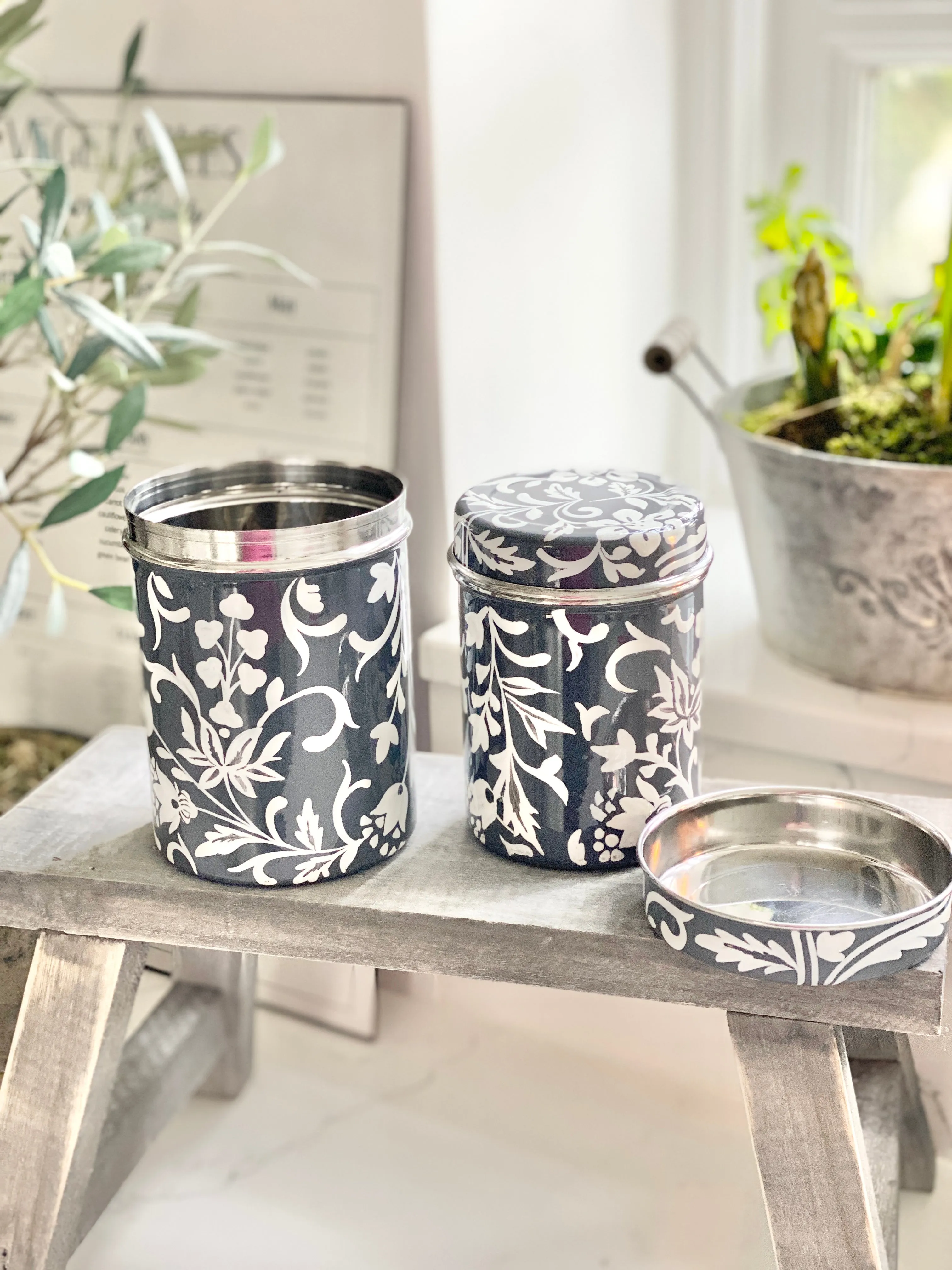Grey Floral Enamelware Storage Tins - Hand Painted