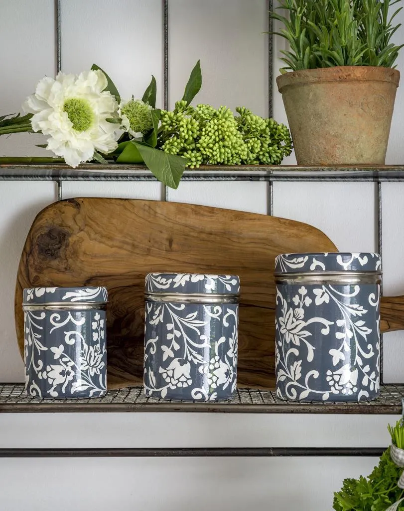 Grey Floral Enamelware Storage Tins - Hand Painted