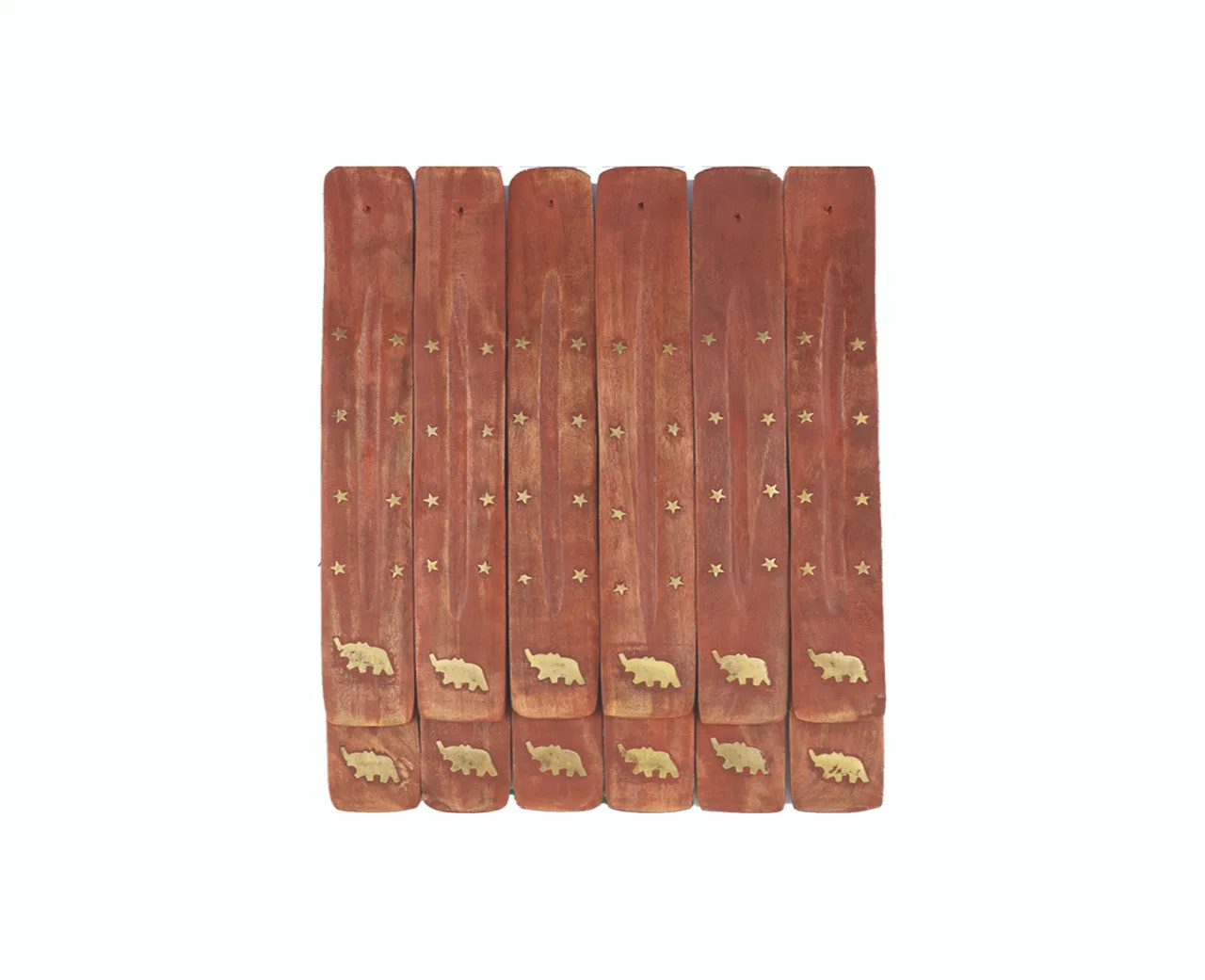 Incense Holder - Wooden Ash Catcher With Inlaid Elephant Brass Design