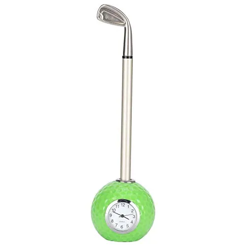 KAKK Green Golf Club Pen Alloy Desktop Golf Ball Pen Stand Holder Desk Ornament Gifts with Clock