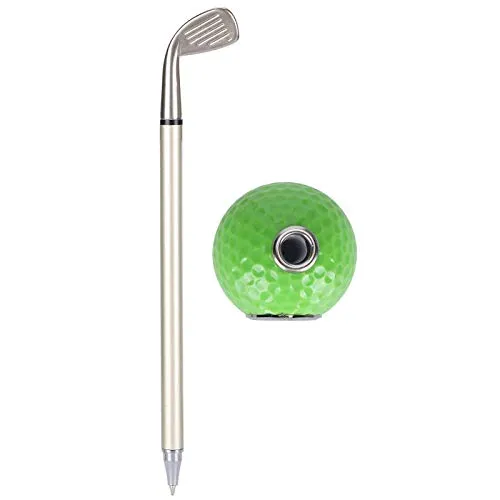 KAKK Green Golf Club Pen Alloy Desktop Golf Ball Pen Stand Holder Desk Ornament Gifts with Clock