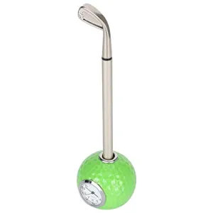 KAKK Green Golf Club Pen Alloy Desktop Golf Ball Pen Stand Holder Desk Ornament Gifts with Clock