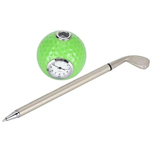KAKK Green Golf Club Pen Alloy Desktop Golf Ball Pen Stand Holder Desk Ornament Gifts with Clock
