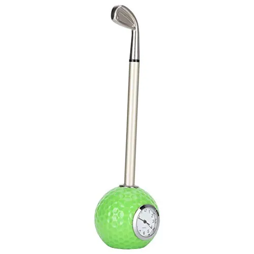 KAKK Green Golf Club Pen Alloy Desktop Golf Ball Pen Stand Holder Desk Ornament Gifts with Clock