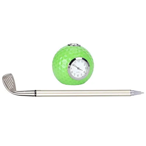 KAKK Green Golf Club Pen Alloy Desktop Golf Ball Pen Stand Holder Desk Ornament Gifts with Clock