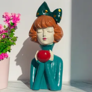 KRAFTSKALA Elegant Resin Girl Figurine with Apple - Art Deco Inspired Home Accent Living Room Tabletop Decorative Item Showpiece (Green, Vintage Lady)