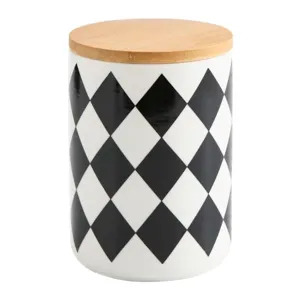 Kuber Industries Ceramic Jar | Food Storage Jar | Kitchen Storage Jar | Round Jar for Home | Sugar Storage Jar | Airtight Bamboo Lid | Diamond Pattern | YX10-M-DM | 800 ML | Black-White