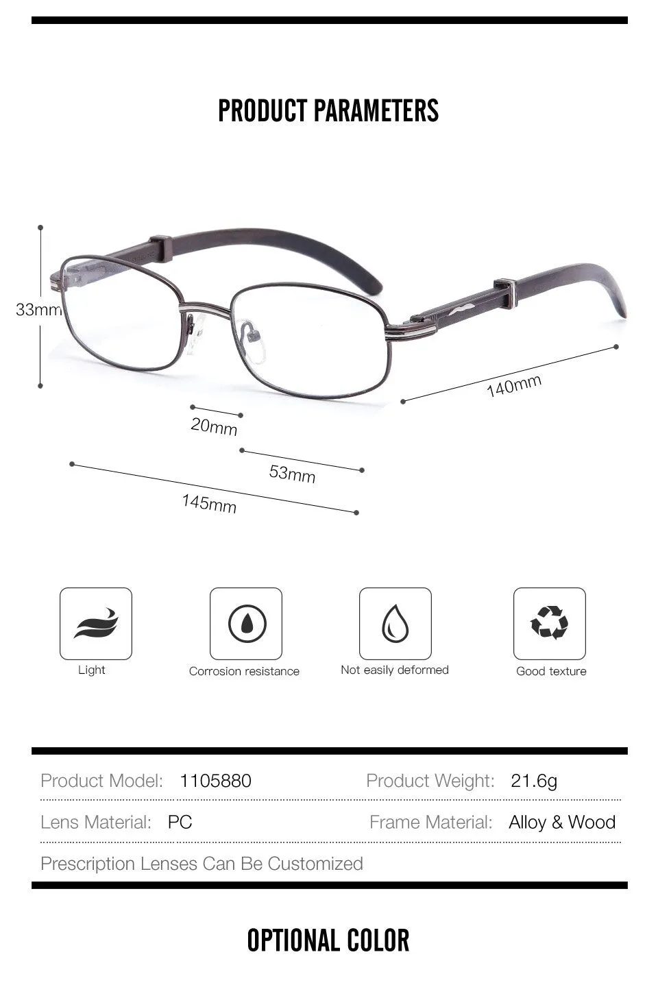 Muzz Men's Full Rim Rectangle Alloy Frame Wood Temple Eyeglasses 1105880