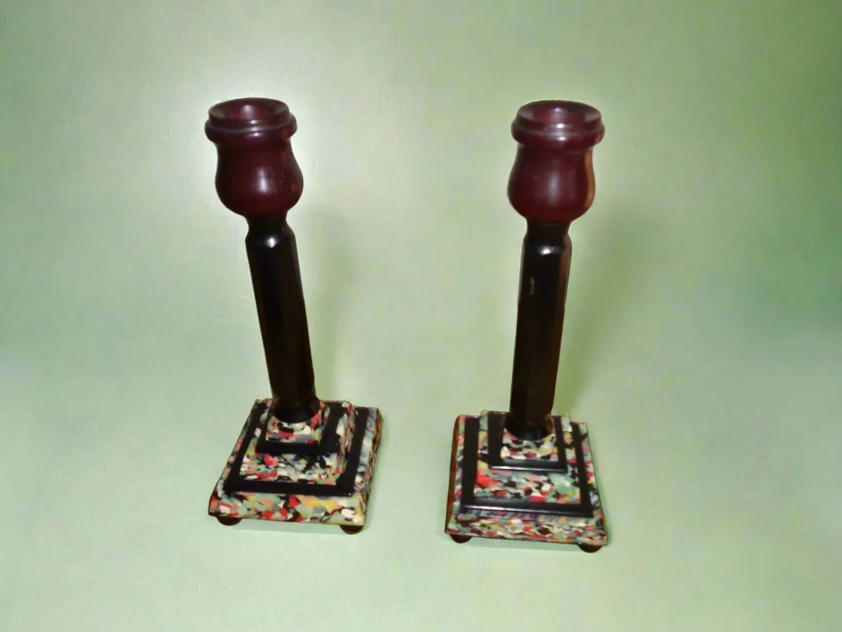Pair Of Art Deco Mixed Bakelite And Catalin Candle Sticks With Original Green Candles
