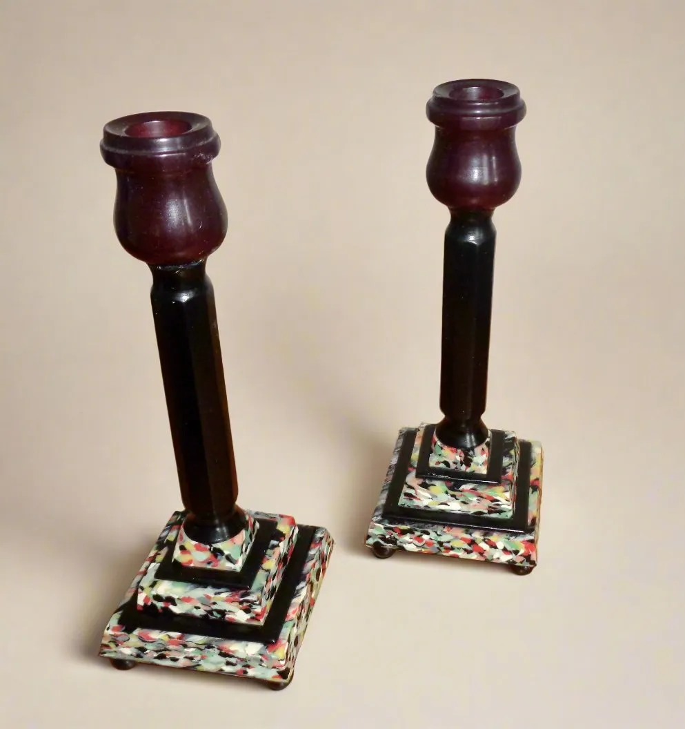 Pair Of Art Deco Mixed Bakelite And Catalin Candle Sticks With Original Green Candles