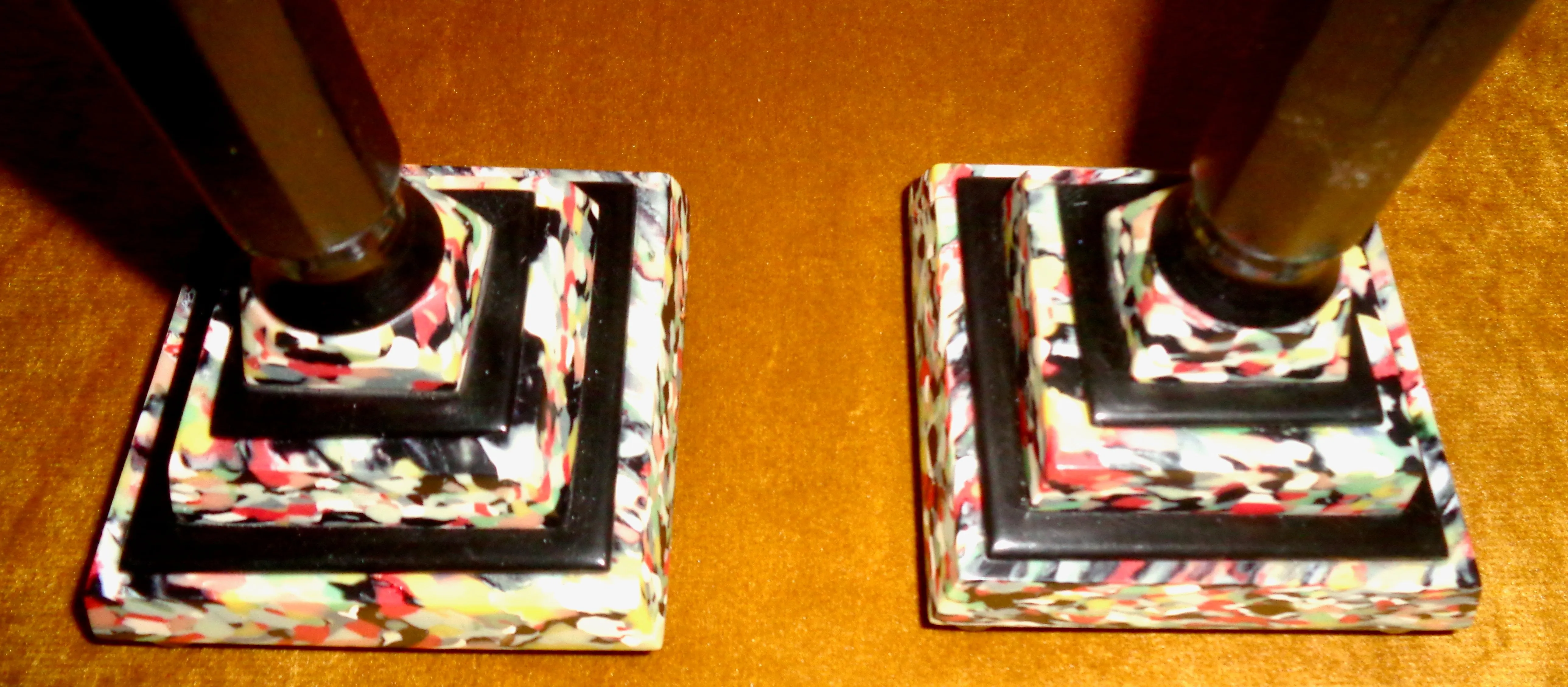 Pair Of Art Deco Mixed Bakelite And Catalin Candle Sticks With Original Green Candles