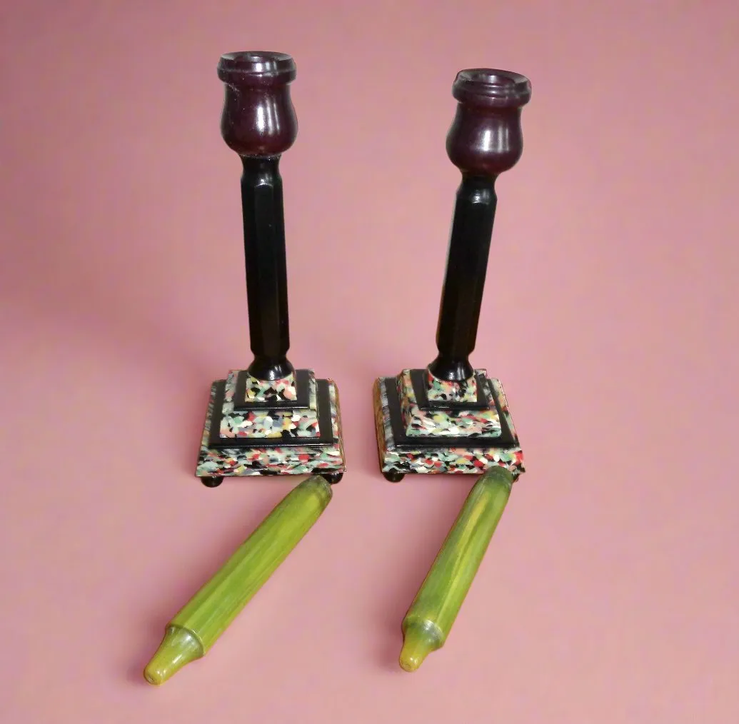 Pair Of Art Deco Mixed Bakelite And Catalin Candle Sticks With Original Green Candles