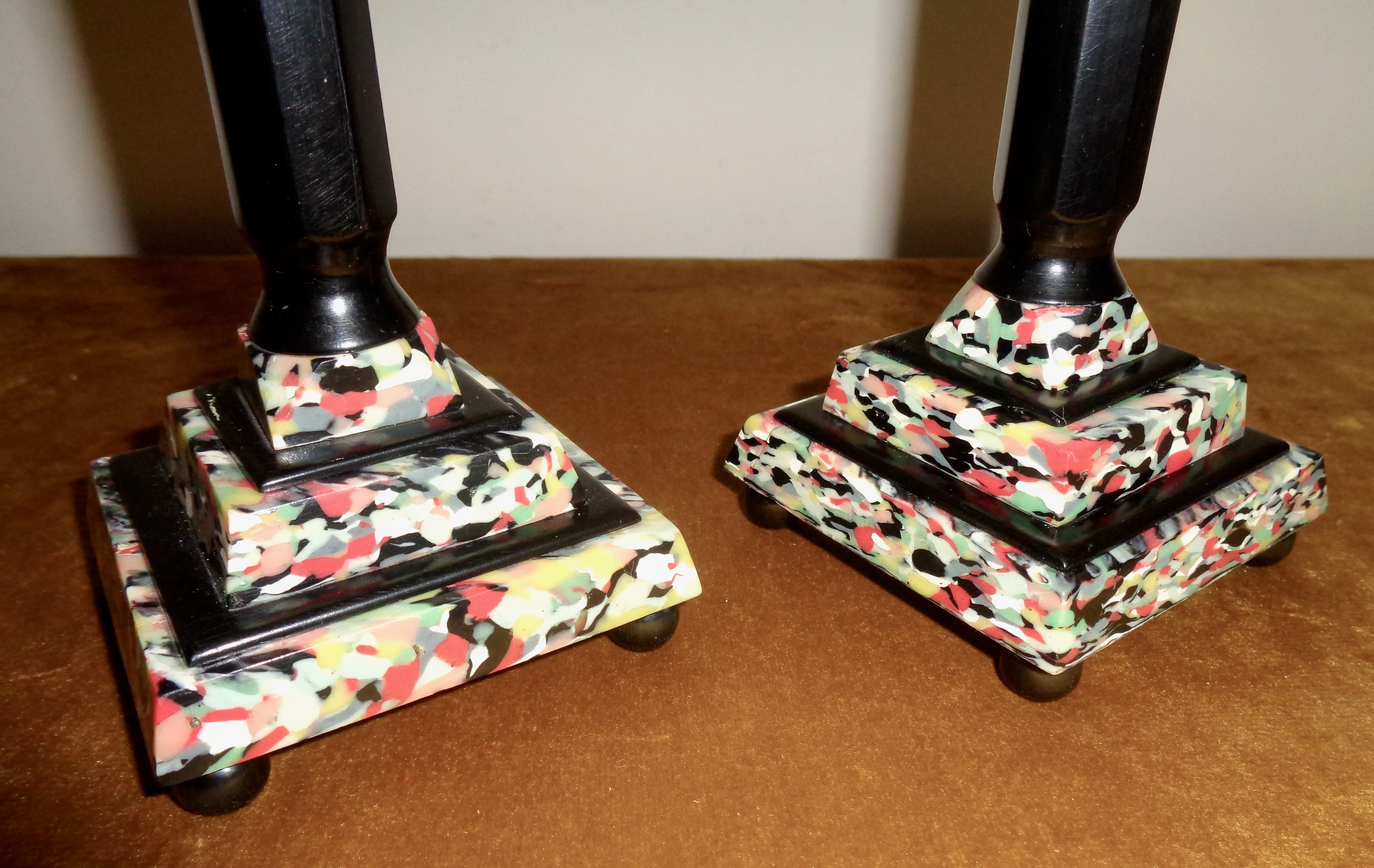 Pair Of Art Deco Mixed Bakelite And Catalin Candle Sticks With Original Green Candles