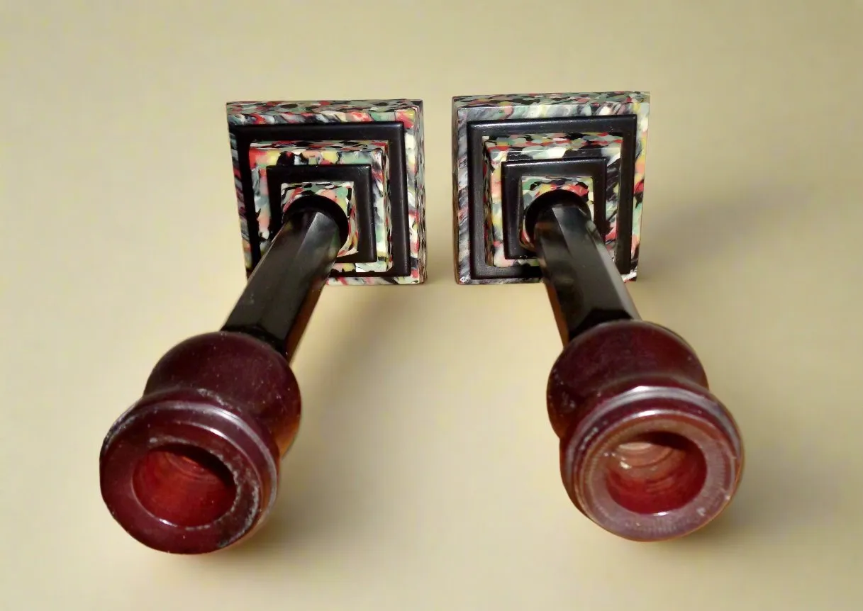 Pair Of Art Deco Mixed Bakelite And Catalin Candle Sticks With Original Green Candles