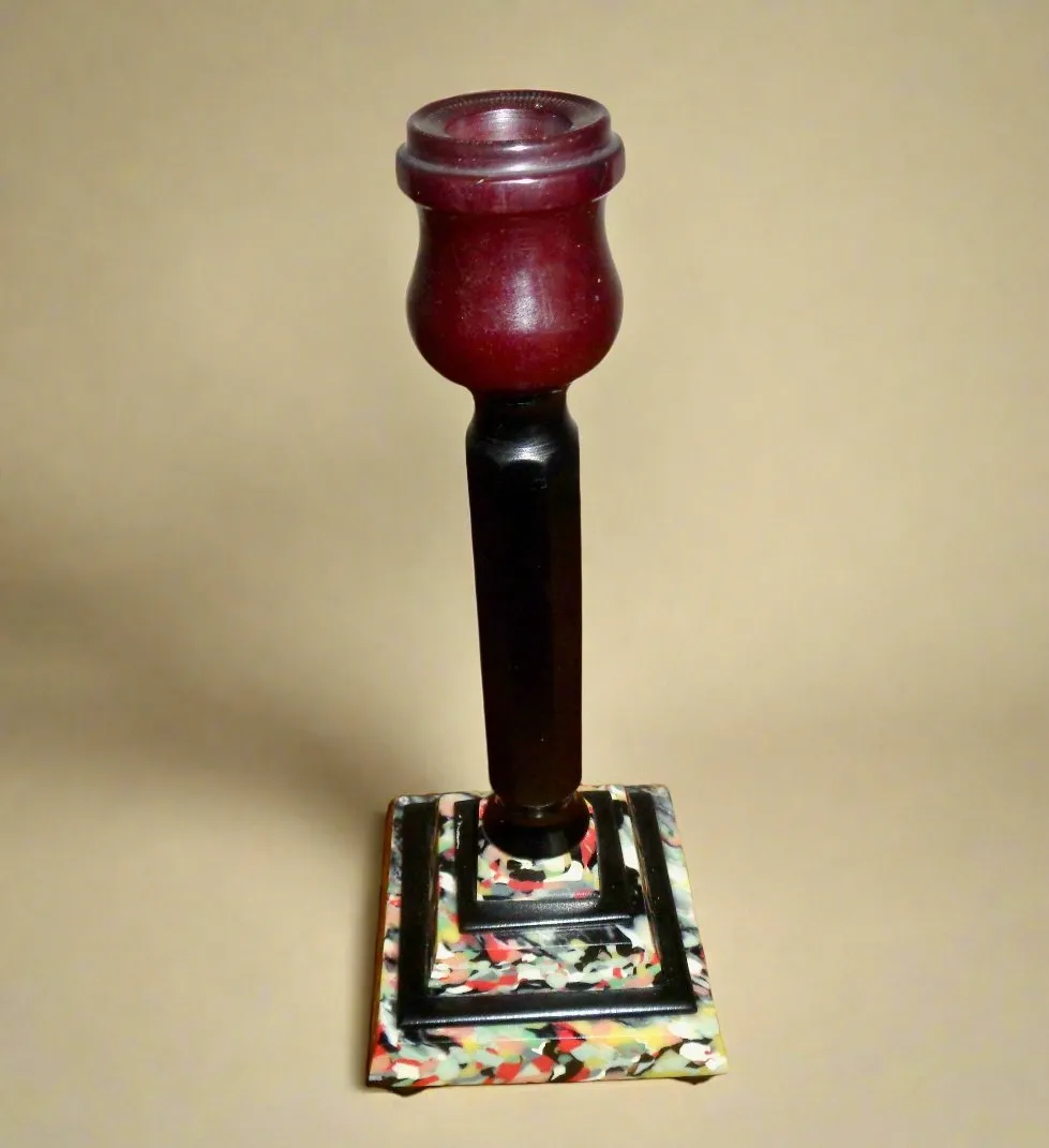 Pair Of Art Deco Mixed Bakelite And Catalin Candle Sticks With Original Green Candles