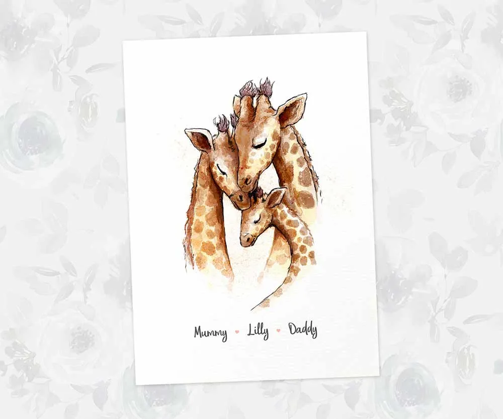 Personalised Giraffe Family of Three Print 2A1B