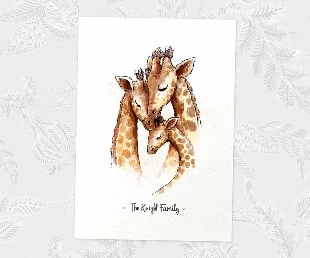 Personalised Giraffe Family of Three Print 2A1B