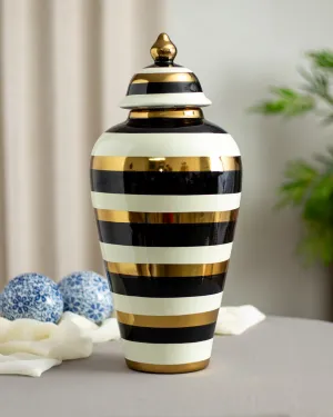 'Striped' Black, White & Gold Temple Jar - Large