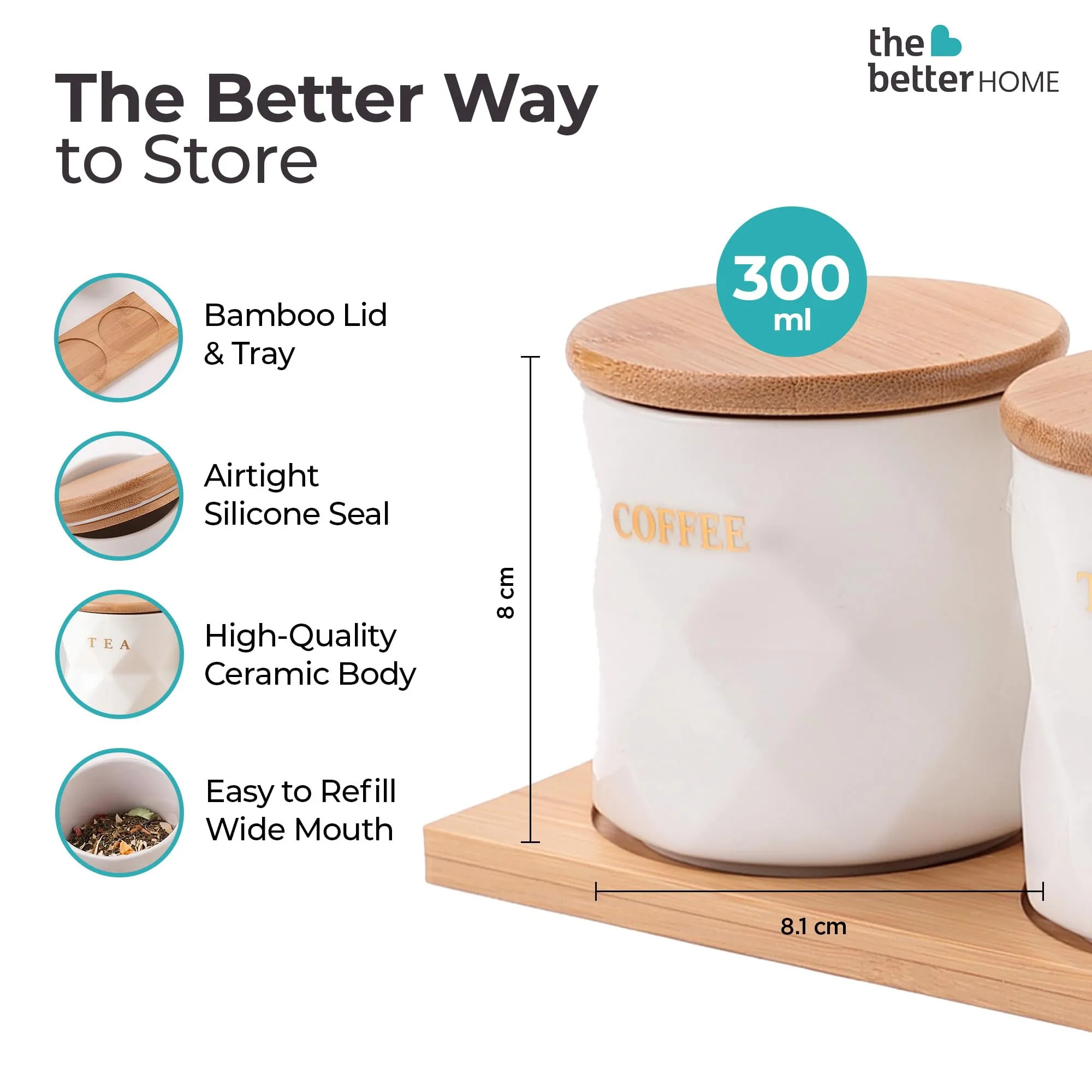 The Better Home Ceramic Jars for Kitchen Storage with Lid and Tray |Kitchen Ceramic Food Container Air Tight for Storage Food Spices Storage White Tea Sugar Coffee | 300 Ml Pack of 3
