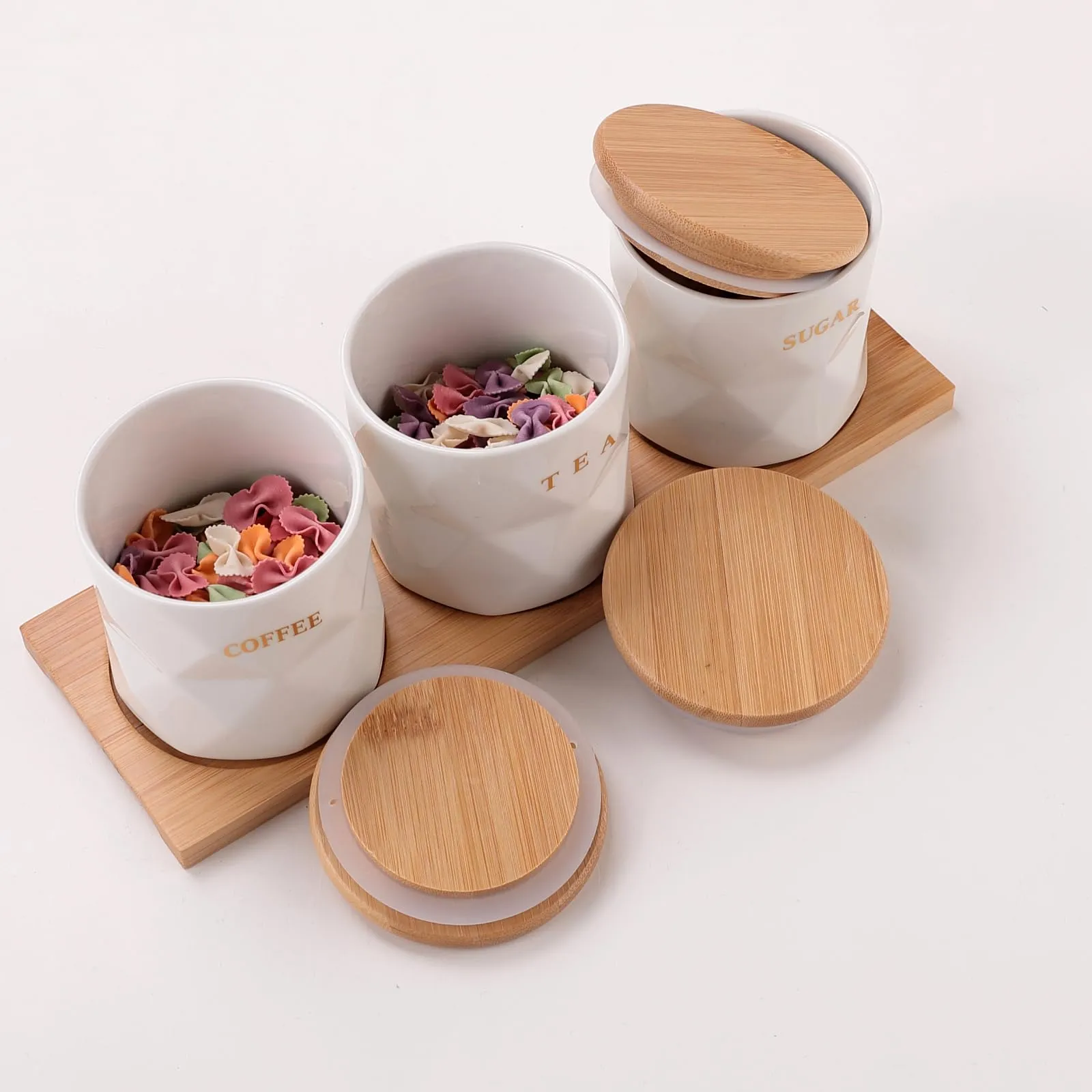 The Better Home Ceramic Jars for Kitchen Storage with Lid and Tray |Kitchen Ceramic Food Container Air Tight for Storage Food Spices Storage White Tea Sugar Coffee | 300 Ml Pack of 3