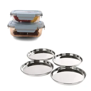 The Better Home Food Containers (Pack of 2) | Food Jars & Containers|Food Storage For Kitchen & SAVYA HOME 4 pcs big Plate Set |Pack and Store Combo (2 Containers   Plate Set)