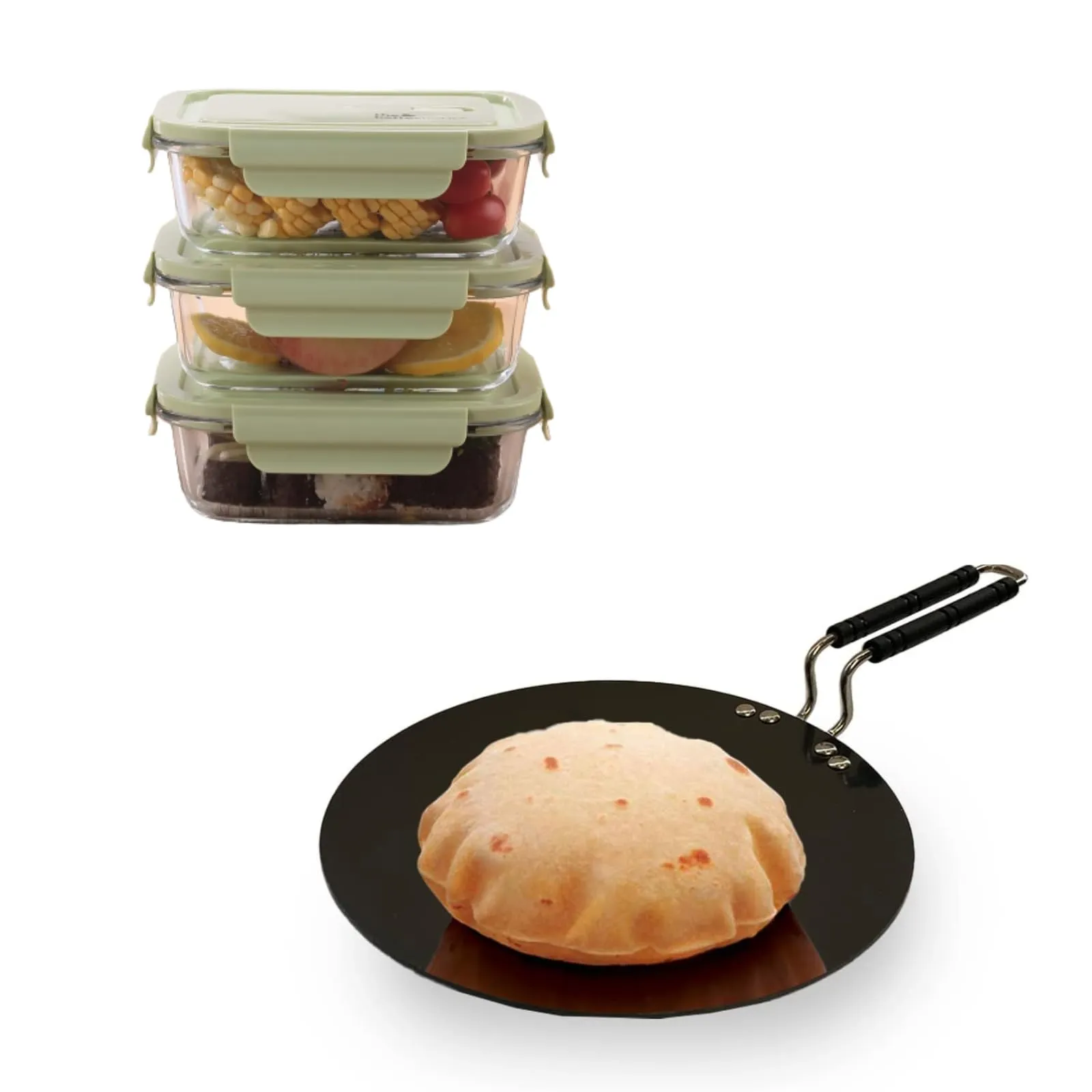 The Better Home Food Containers (Pack of 3) | Food Jars & Containers|Food Storage For Kitchen & SAVYA HOME 3mm HA Roti Tawa-25cm |Pack and Store Combo (3 Containers   Tawa)