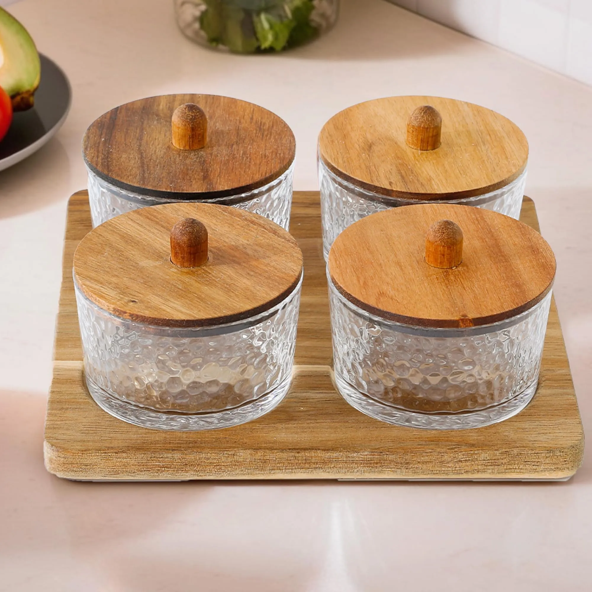 The Better Home Platters Serving Set for Snacks with Wooden Tray & 4 Jars (150ml Each) | Premium Soda Lime Glass | Snacks Serving Bowls with Tray | Serving Tray with Bowls for Snacks