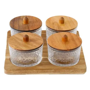 The Better Home Platters Serving Set for Snacks with Wooden Tray & 4 Jars (150ml Each) | Premium Soda Lime Glass | Snacks Serving Bowls with Tray | Serving Tray with Bowls for Snacks