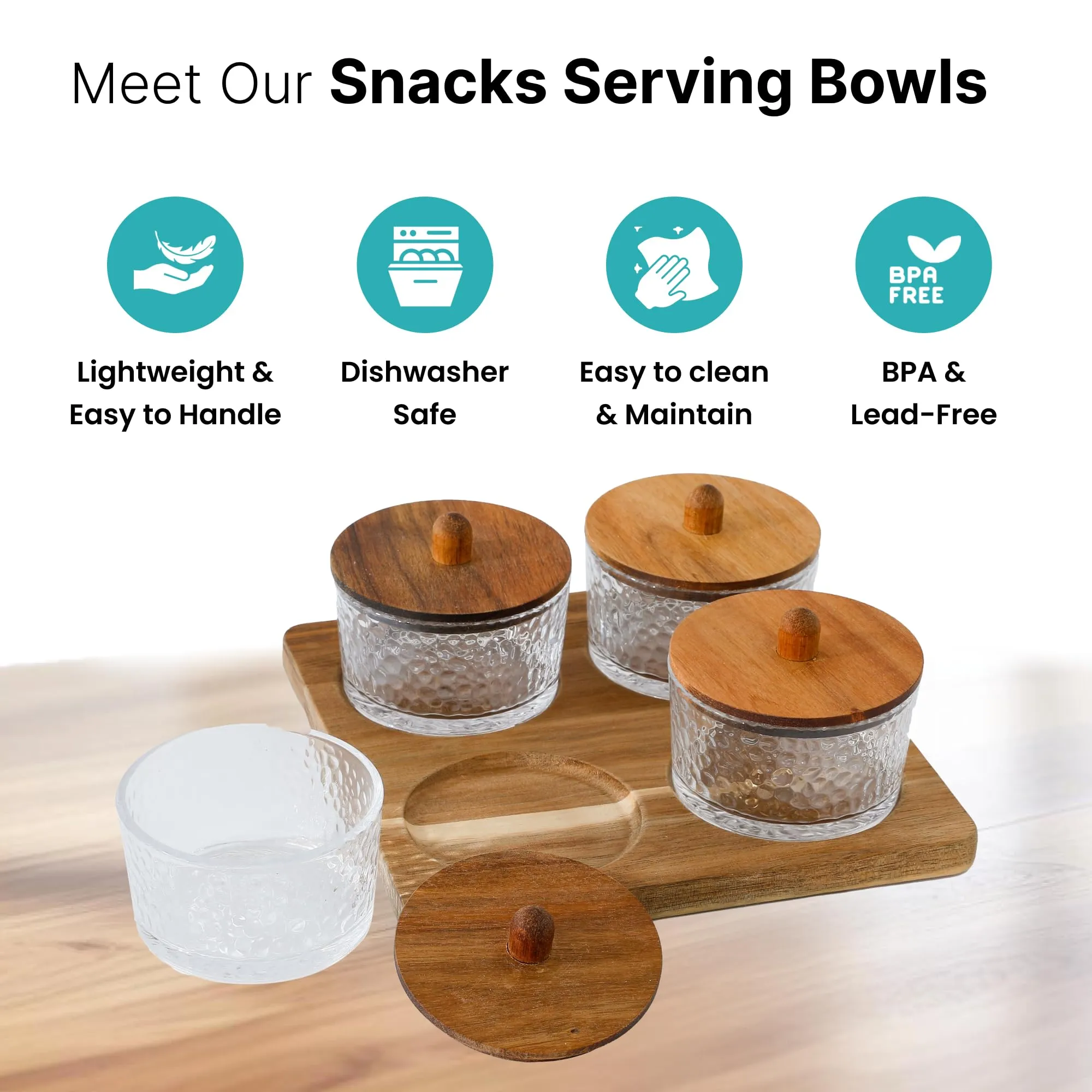 The Better Home Platters Serving Set for Snacks with Wooden Tray & 4 Jars (150ml Each) | Premium Soda Lime Glass | Snacks Serving Bowls with Tray | Serving Tray with Bowls for Snacks