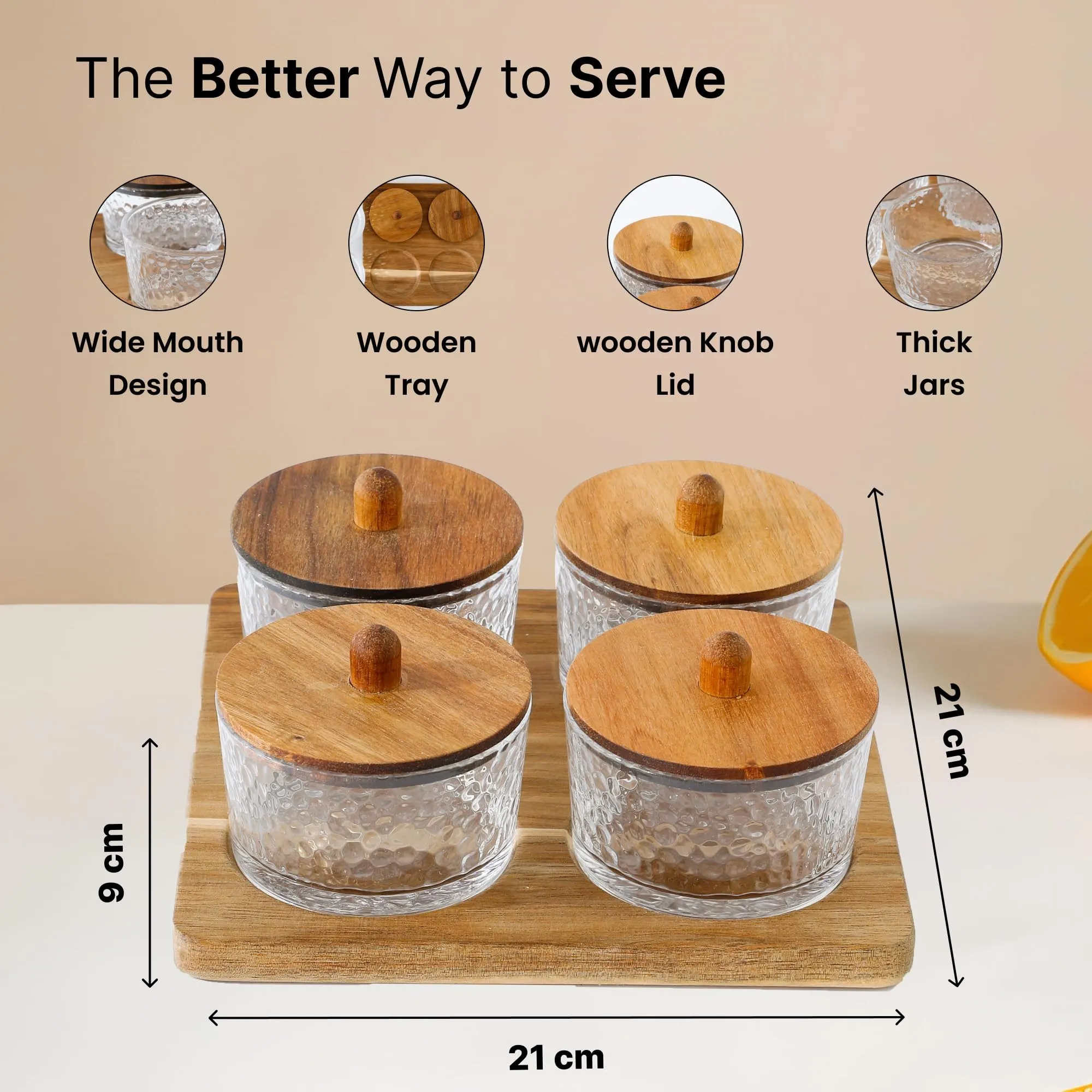 The Better Home Platters Serving Set for Snacks with Wooden Tray & 4 Jars (150ml Each) | Premium Soda Lime Glass | Snacks Serving Bowls with Tray | Serving Tray with Bowls for Snacks