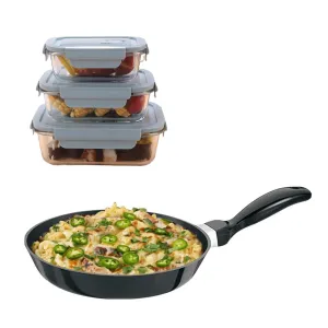 The Better Home Tall Jars 1000ml (Pack of 6) | Food Jars & Containers|Food Storage For Kitchen & SAVYA HOME 18cm Non Stick Fry pan-2.3mm, Black |Pack and Store Combo (3 Containers (Blue)   Fry Pan)