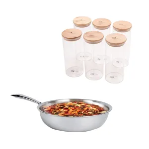 The Better Home Tall Jars 1000ml (Pack of 6) | Food Jars & Containers|Food Storage For Kitchen & SAVYA HOME 2.5mm Triply FryPan|1.2 ltr 0.4mm Thick|Pack and Store Combo (1000ml Jars   Triply Frypan)