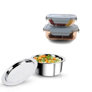 The Better Home Tall Jars 1000ml (Pack of 6) |Jars & Containers|Food Storage For Kitchen & SAVYA HOME 2.5mm Triply Tope with SS Lid 0.4mm Thick|Pack & Store Combo (2 Containers   Tope with Lid)