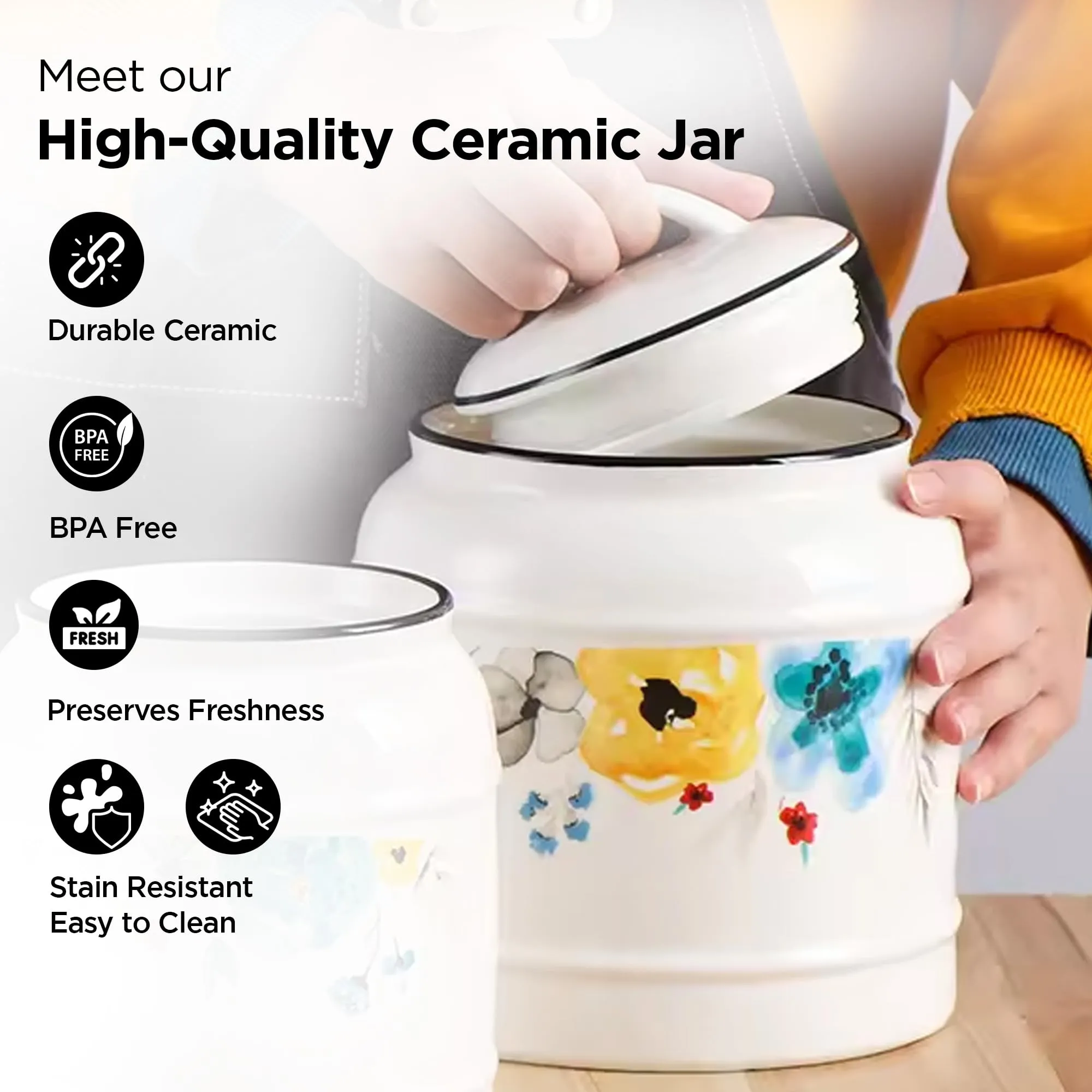 UMAI Ceramic Jar for Kitchen Storage with Lid | Airtight Ceramic Container | Multipurpose Kitchen Storage Jars and Containers | 1400ml | White | Printed (1 Jar)
