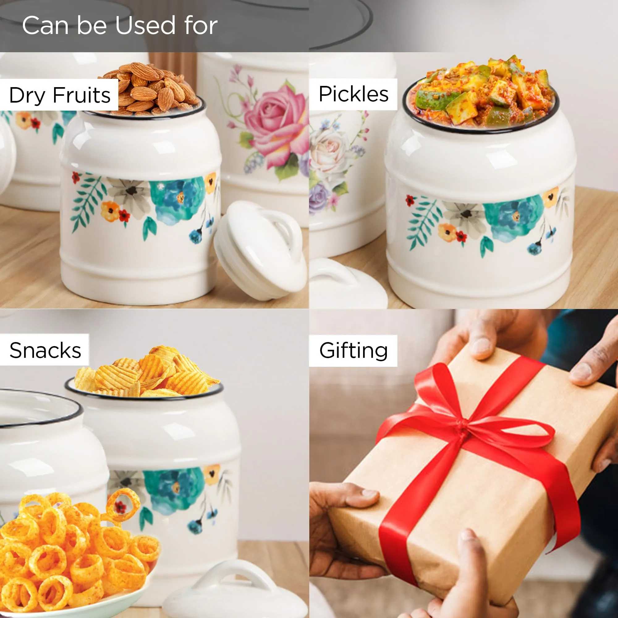 UMAI Ceramic Jar for Kitchen Storage with Lid | Airtight Ceramic Container | Multipurpose Kitchen Storage Jars and Containers | 1400ml | White | Printed (1 Jar)