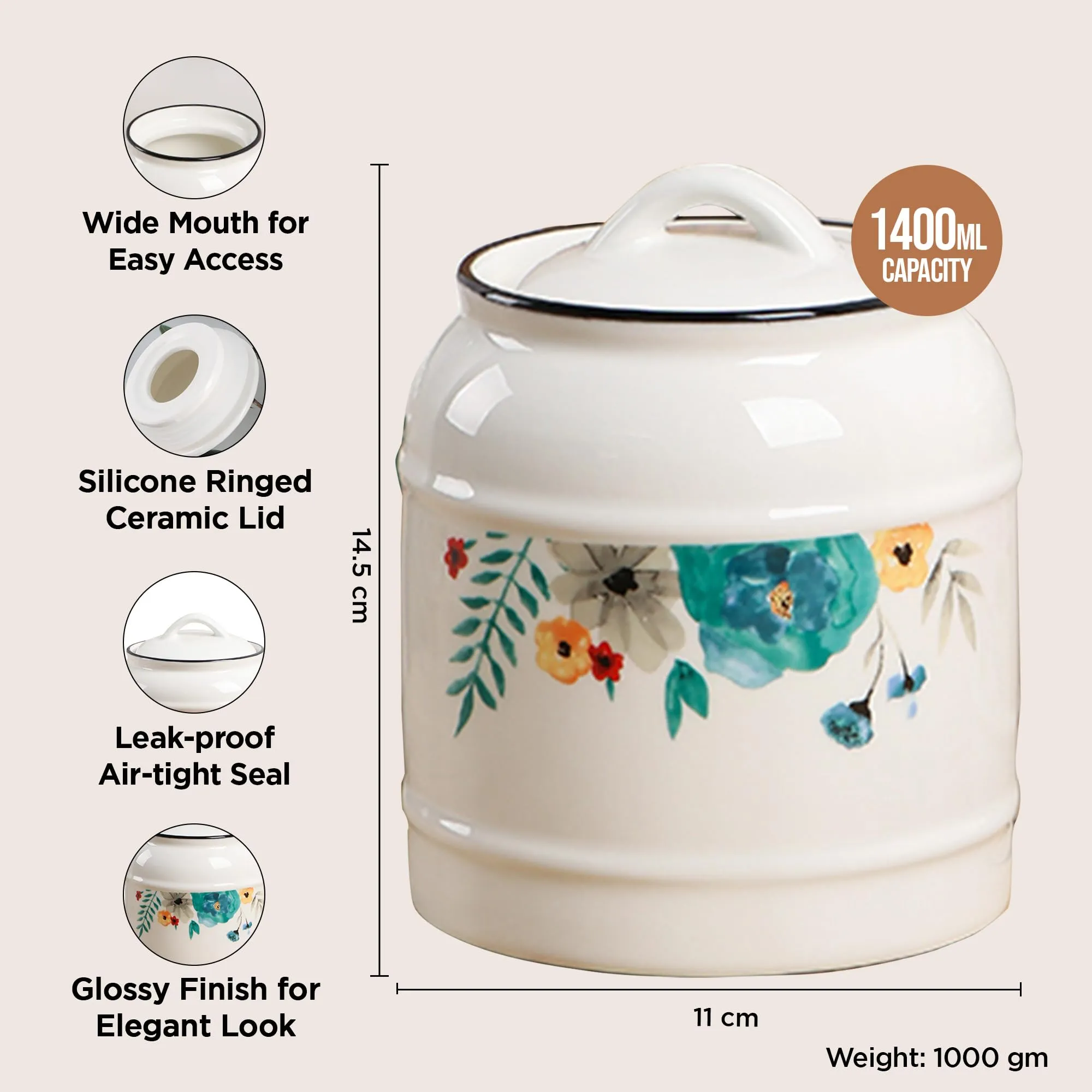 UMAI Ceramic Jar for Kitchen Storage with Lid | Airtight Ceramic Container | Multipurpose Kitchen Storage Jars and Containers | 1400ml | White | Printed (1 Jar)