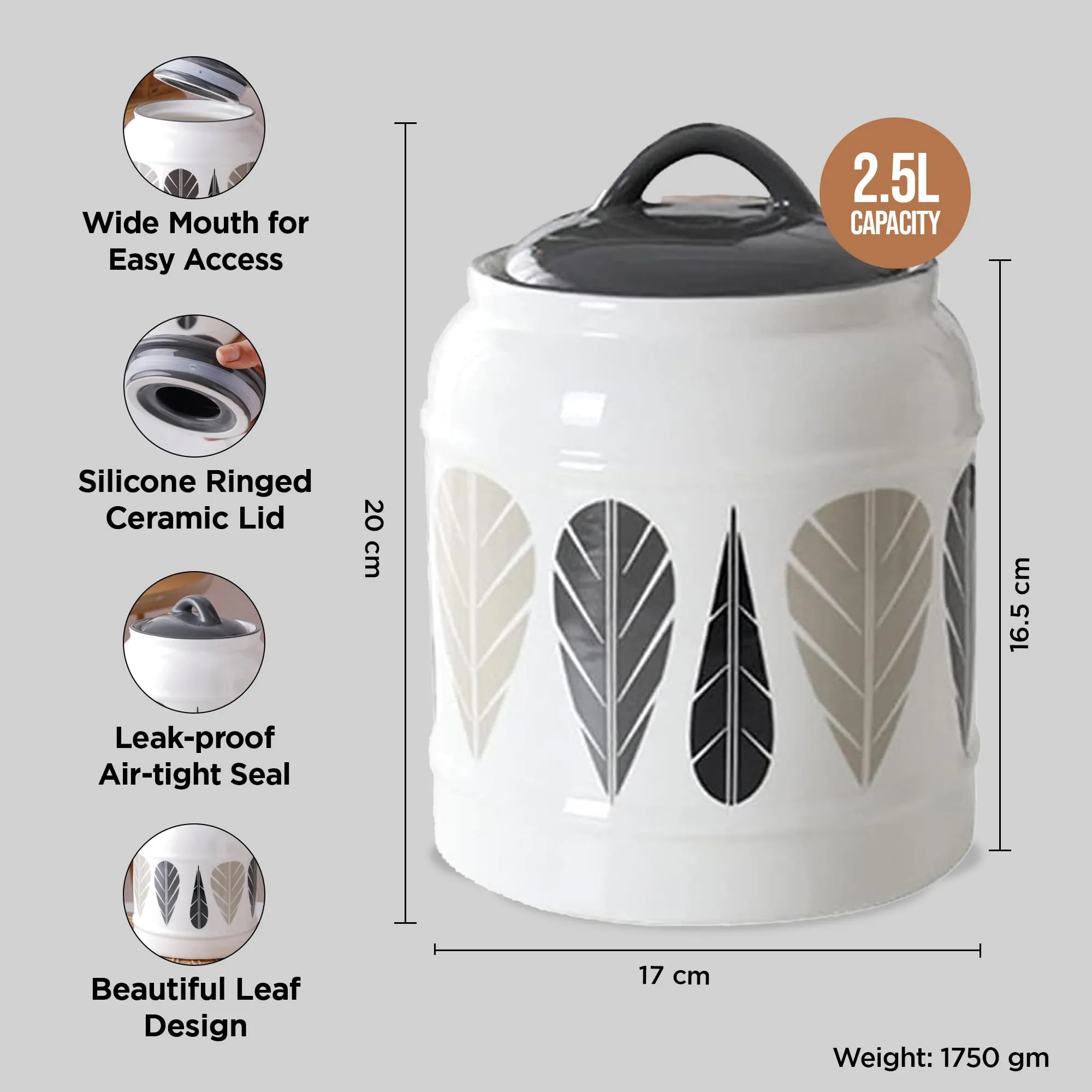 UMAI Ceramic Jars for Kitchen Storage with Lid | Multipurpose Jars for pickle, grains, pulses | 2.5 liter | Grey & White | Printed | Pack of 2