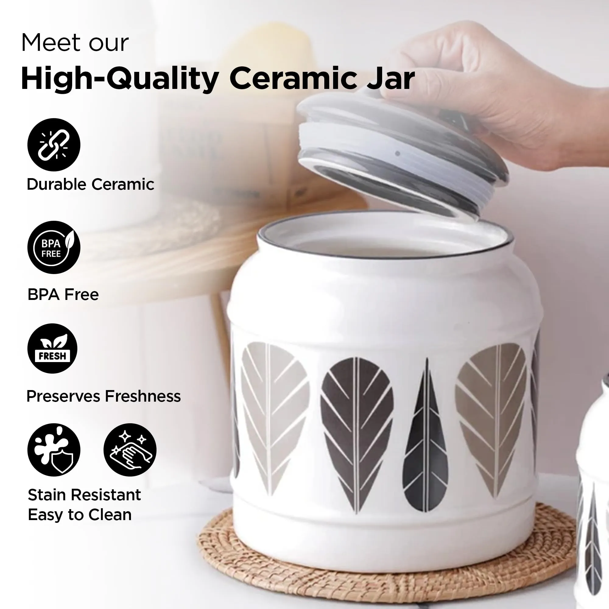 UMAI Ceramic Jars for Kitchen Storage with Lid | Multipurpose Jars for pickle, grains, pulses | 2.5 liter | Grey & White | Printed | Pack of 2
