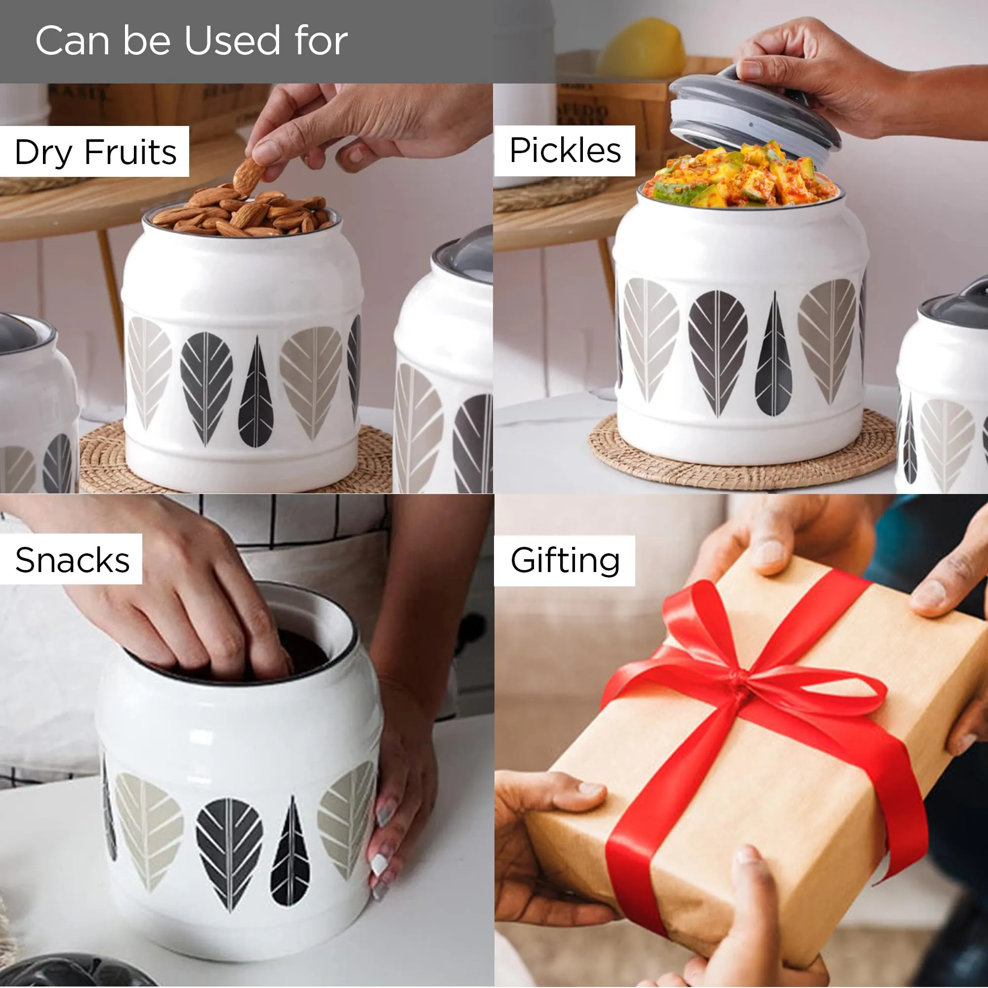 UMAI Ceramic Jars for Kitchen Storage with Lid | Multipurpose Jars for pickle, grains, pulses | 2.5 liter | Grey & White | Printed | Pack of 2