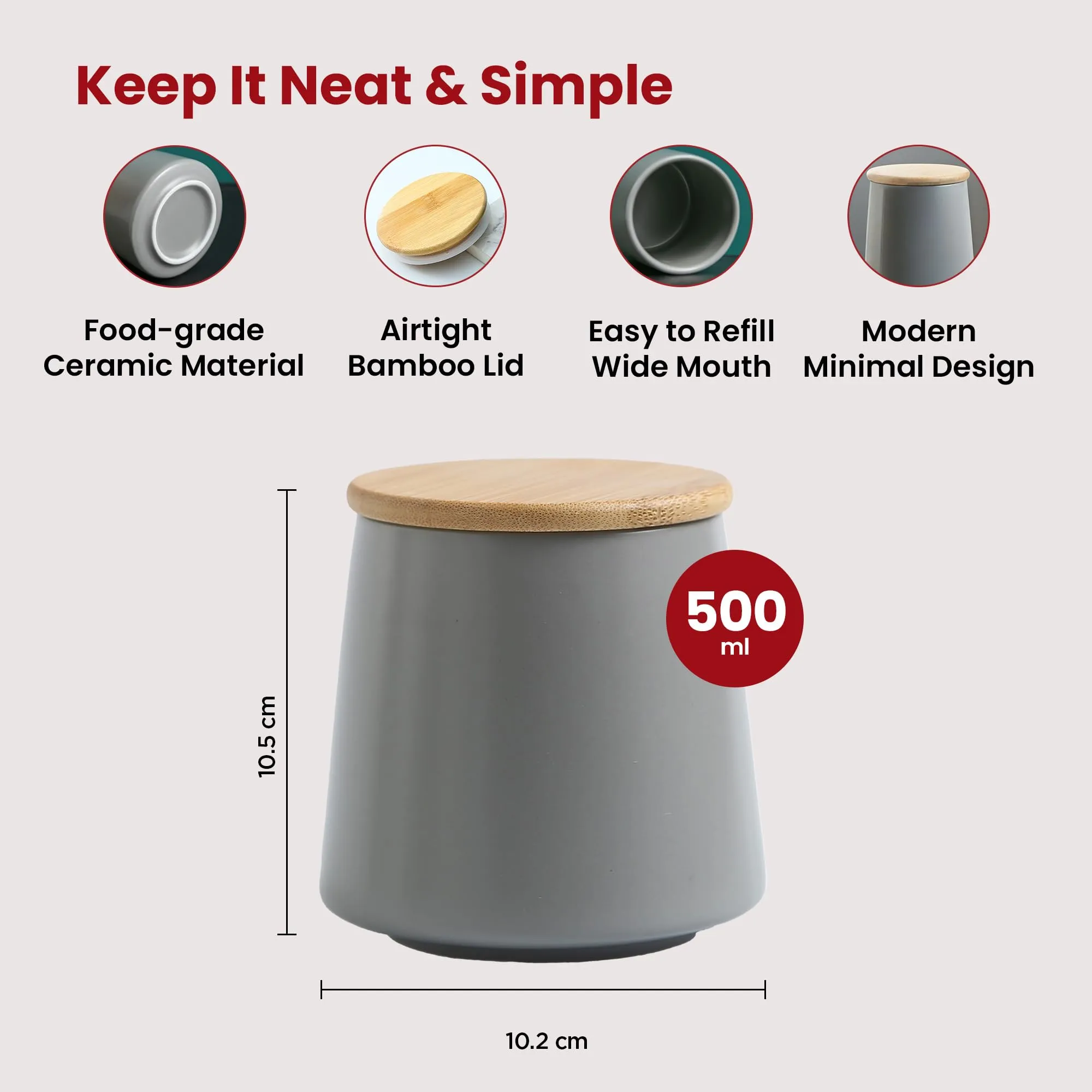 USHA SHRIRAM Ceramic Jars (500 ml) Container For Kitchen Storage Box | Spice Jars For Kitchen | Kitchen Jars & Containers Set With Lid | Air Tight Jars & Containers For Storage | Grey