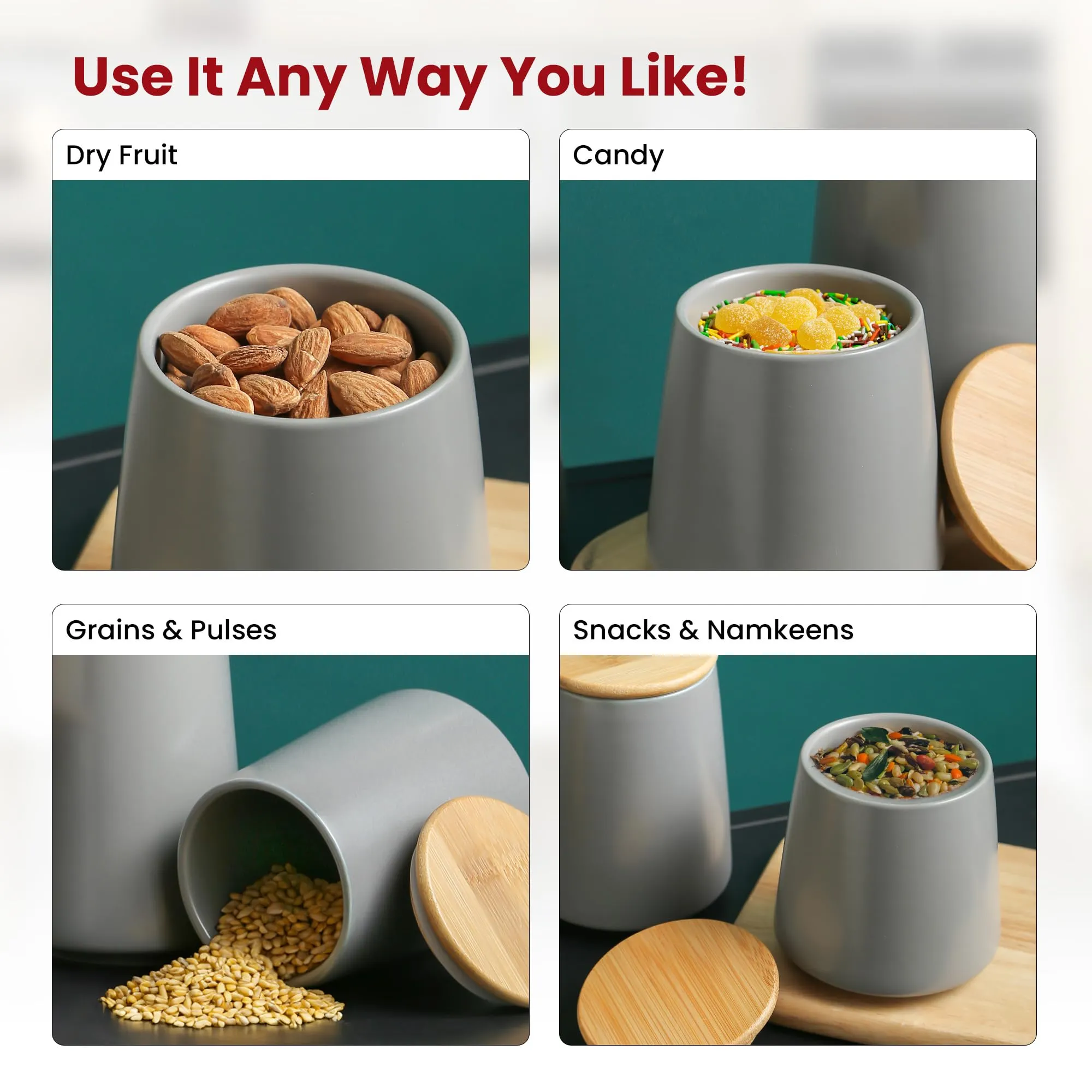 USHA SHRIRAM Ceramic Jars (500 ml) Container For Kitchen Storage Box | Spice Jars For Kitchen | Kitchen Jars & Containers Set With Lid | Air Tight Jars & Containers For Storage | Grey