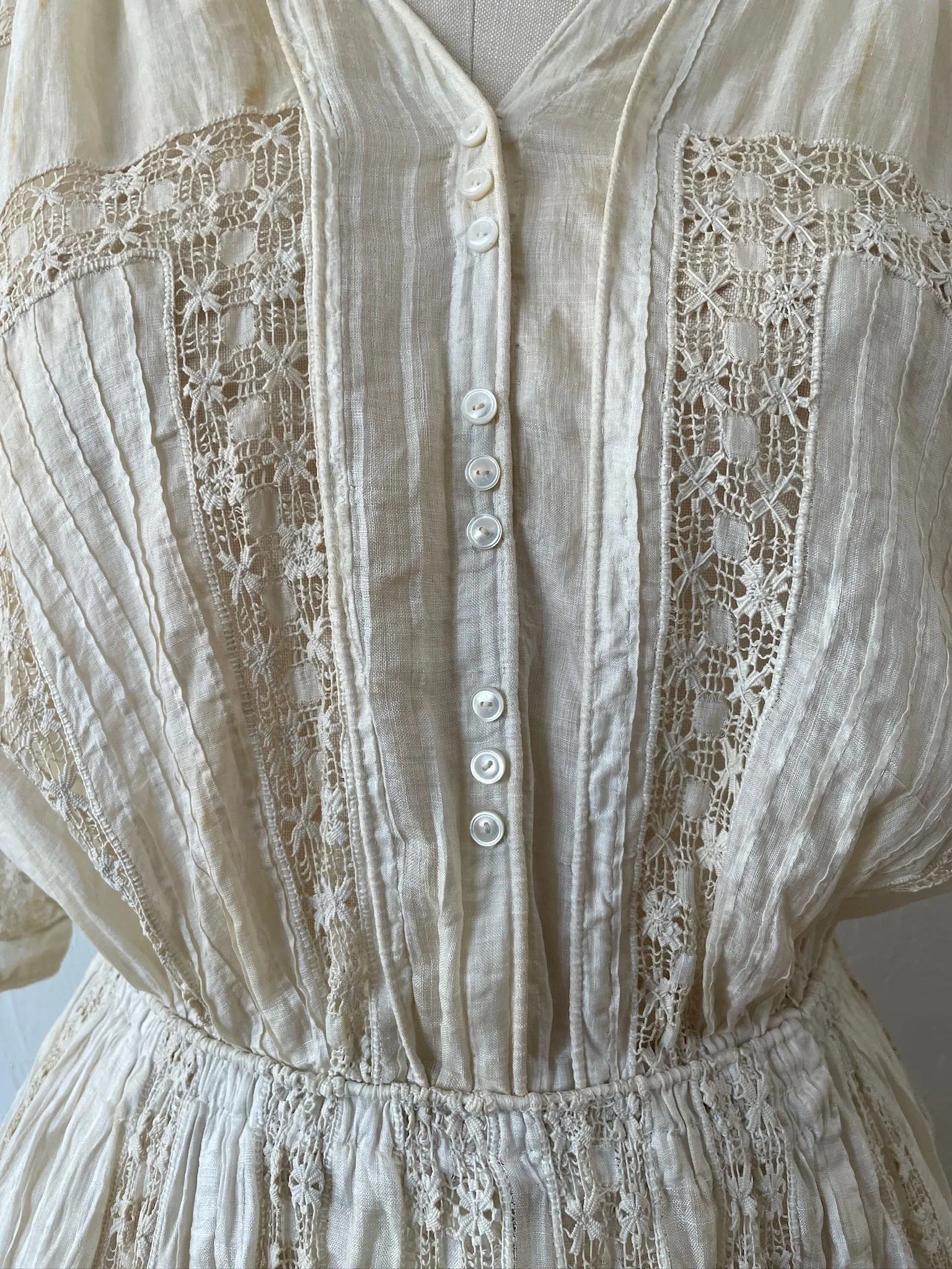 Vintage Antique Couture Linen   Lace Occasional Maxi Dress S/M