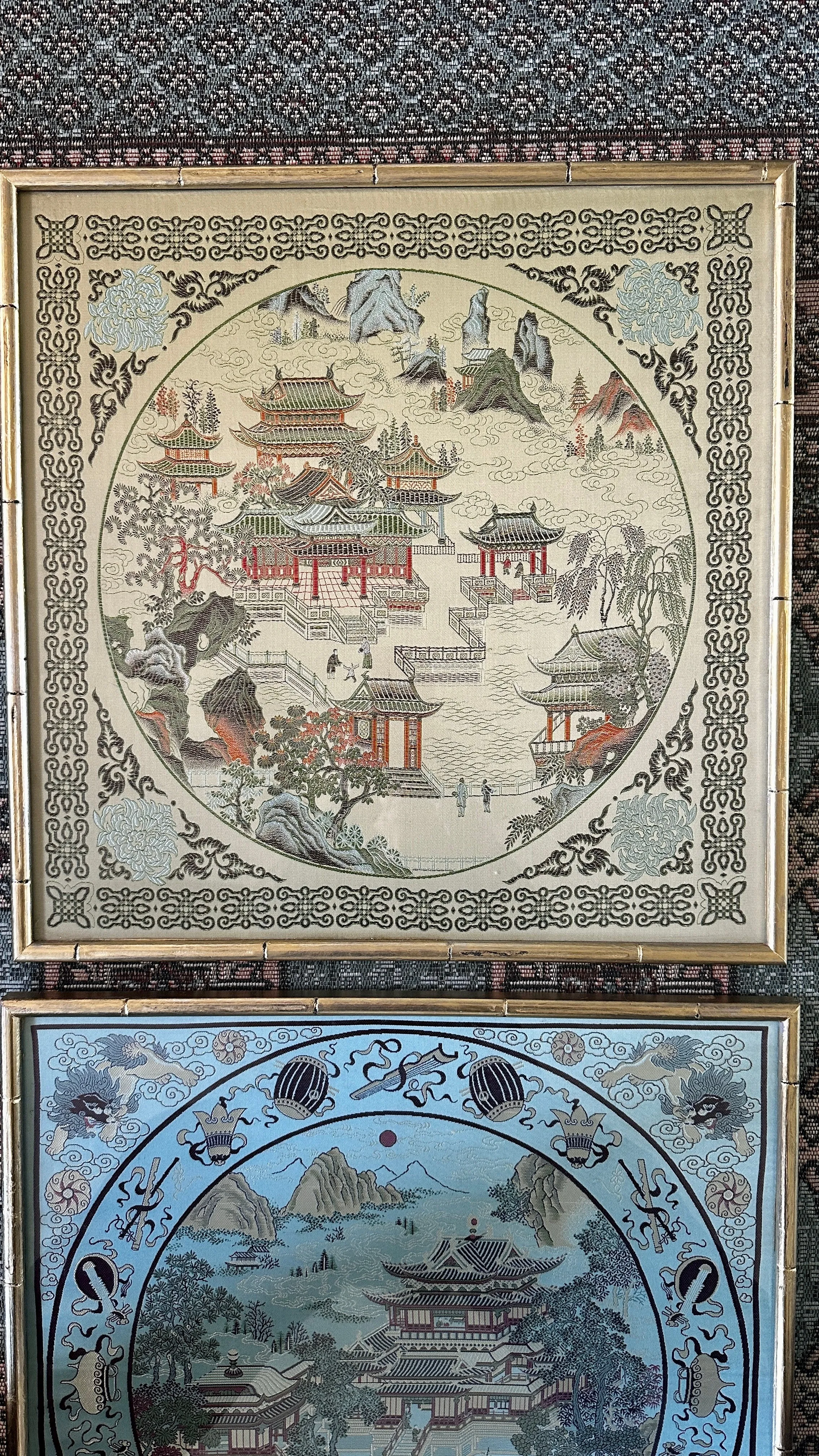 Vintage Asian Silk Art Bamboo Frame - Blue and Green Each Sold Separately