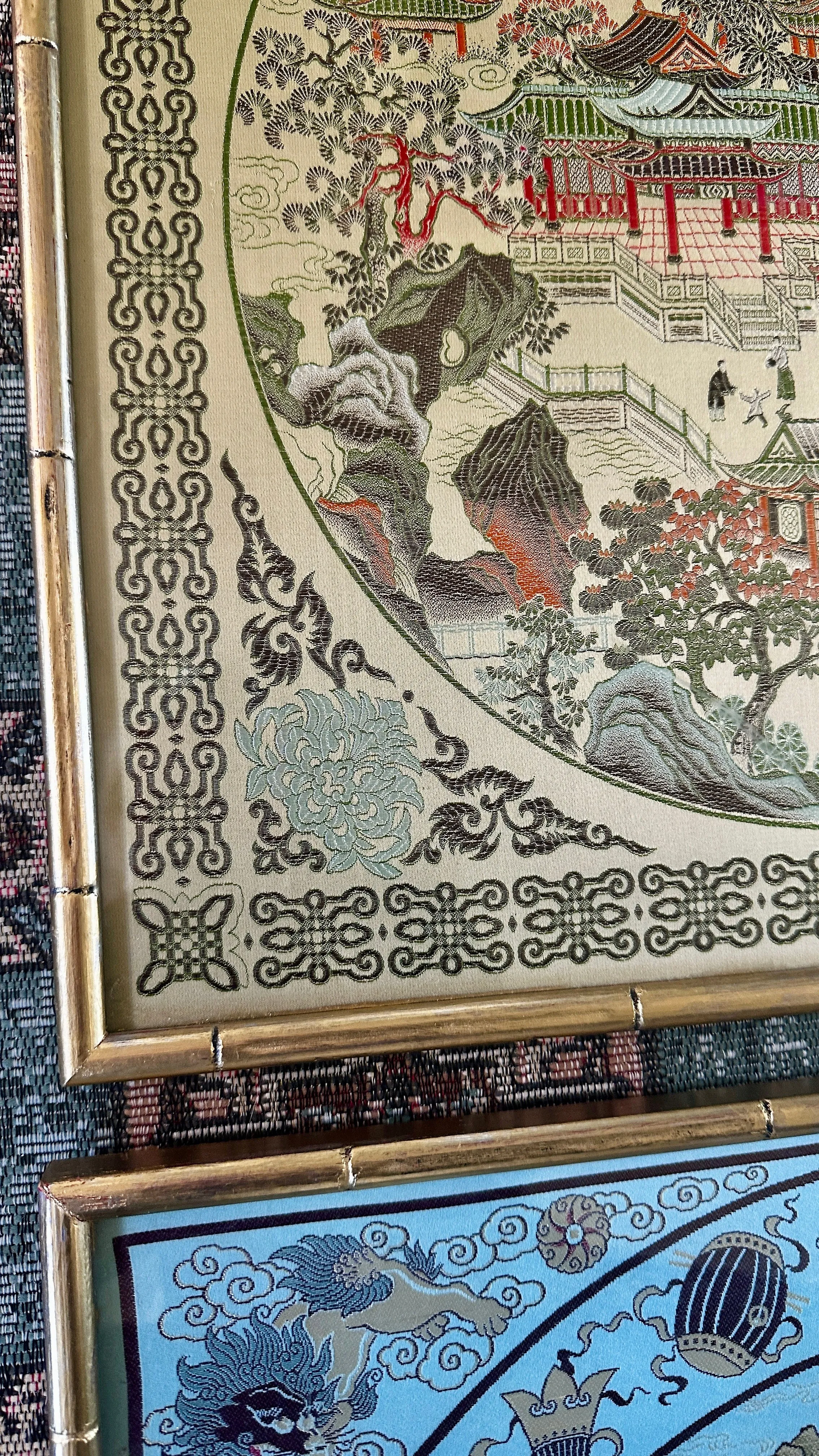 Vintage Asian Silk Art Bamboo Frame - Blue and Green Each Sold Separately