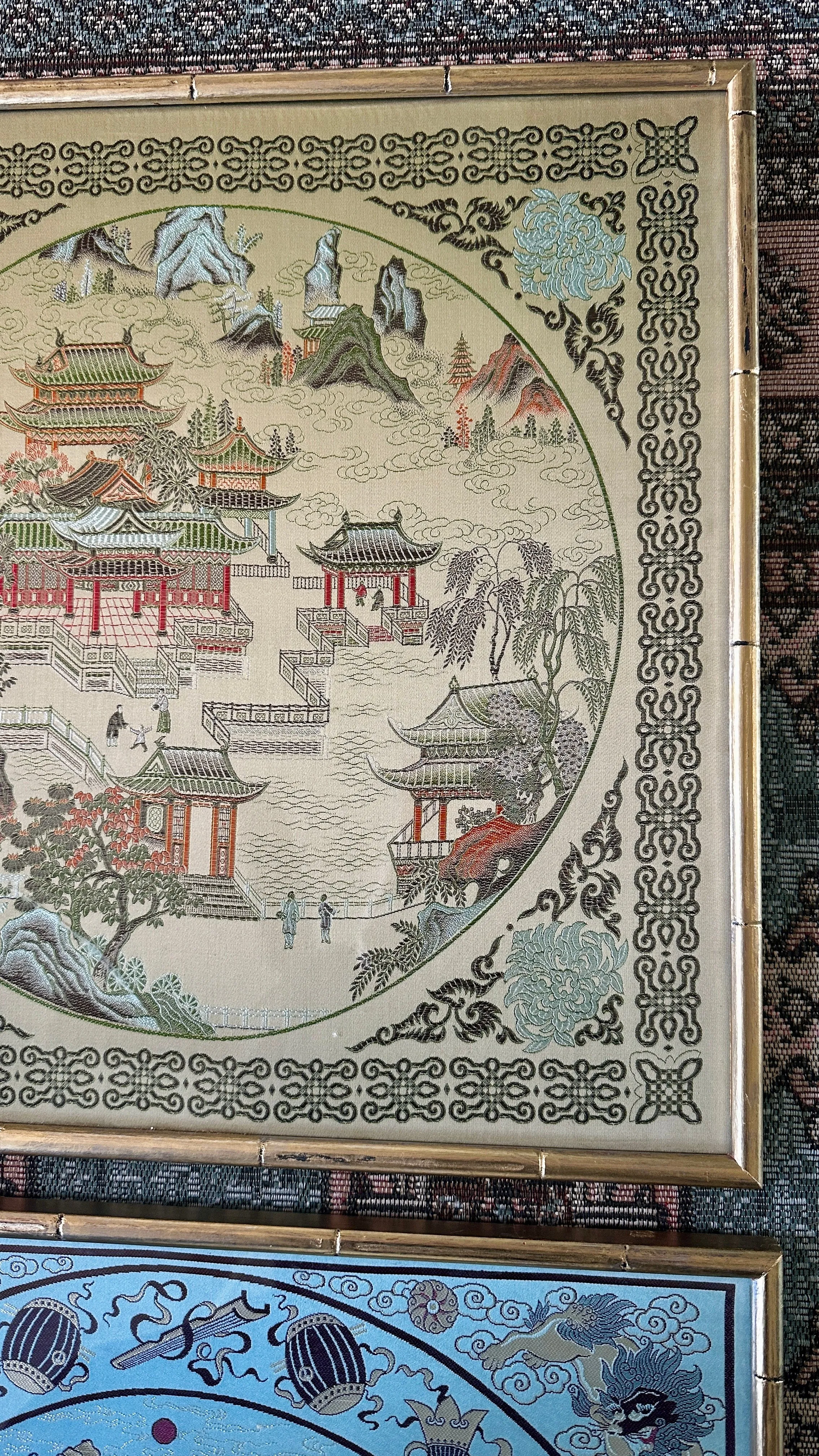 Vintage Asian Silk Art Bamboo Frame - Blue and Green Each Sold Separately