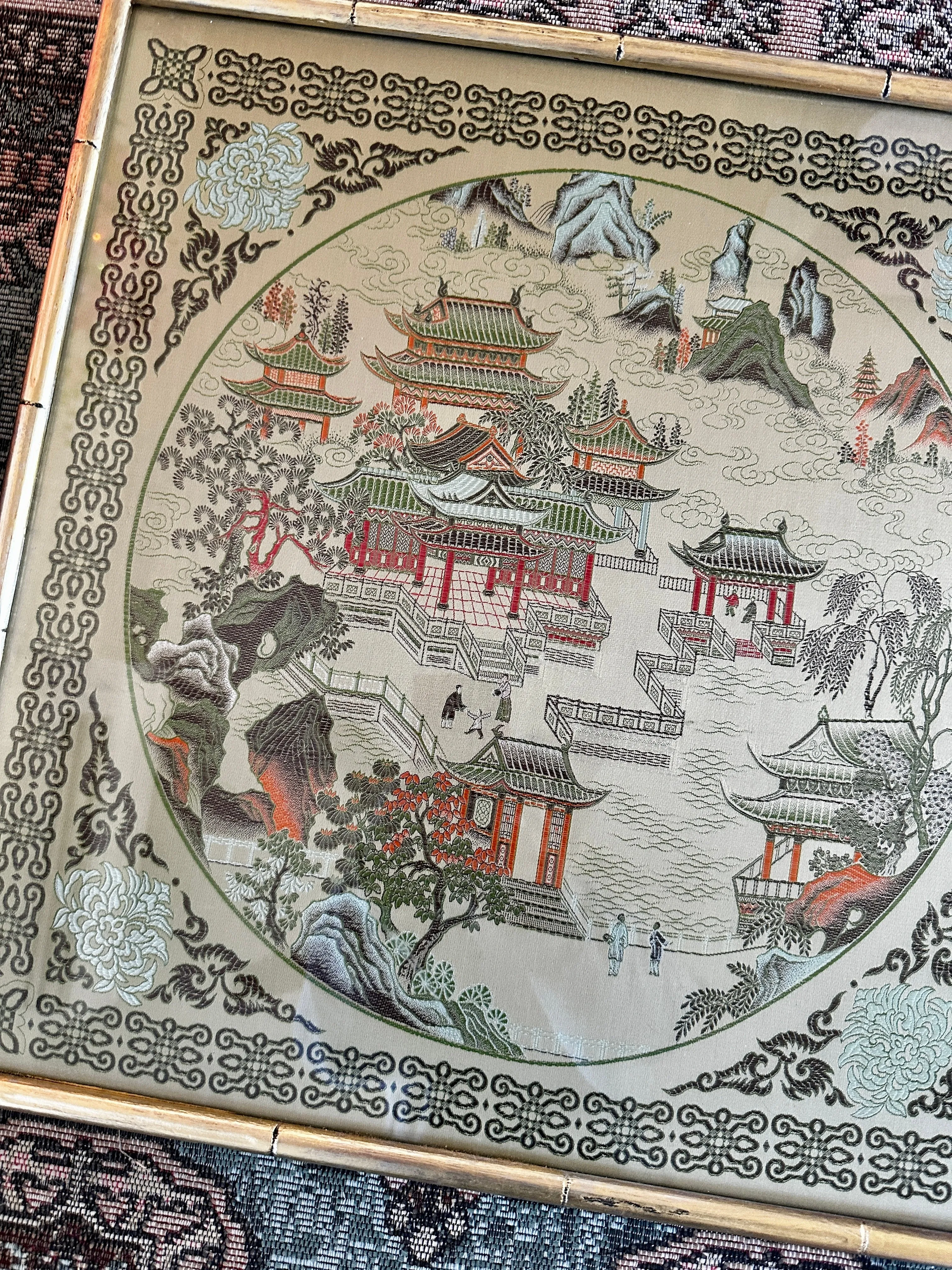 Vintage Asian Silk Art Bamboo Frame - Blue and Green Each Sold Separately