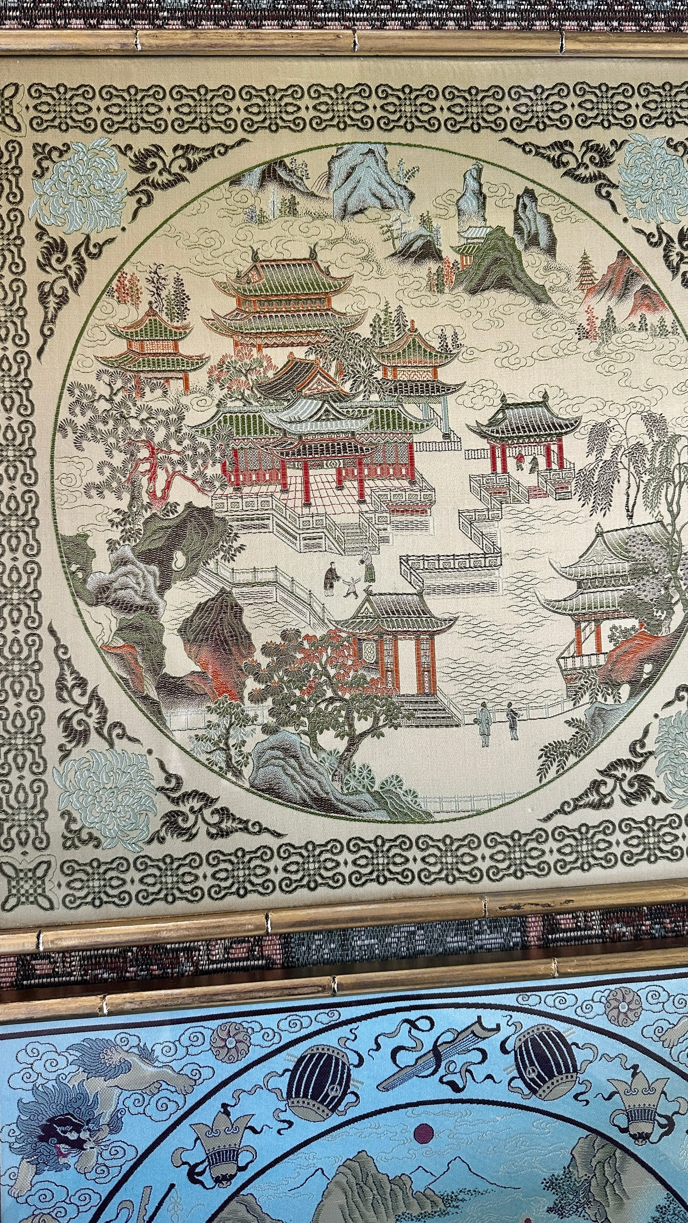 Vintage Asian Silk Art Bamboo Frame - Blue and Green Each Sold Separately