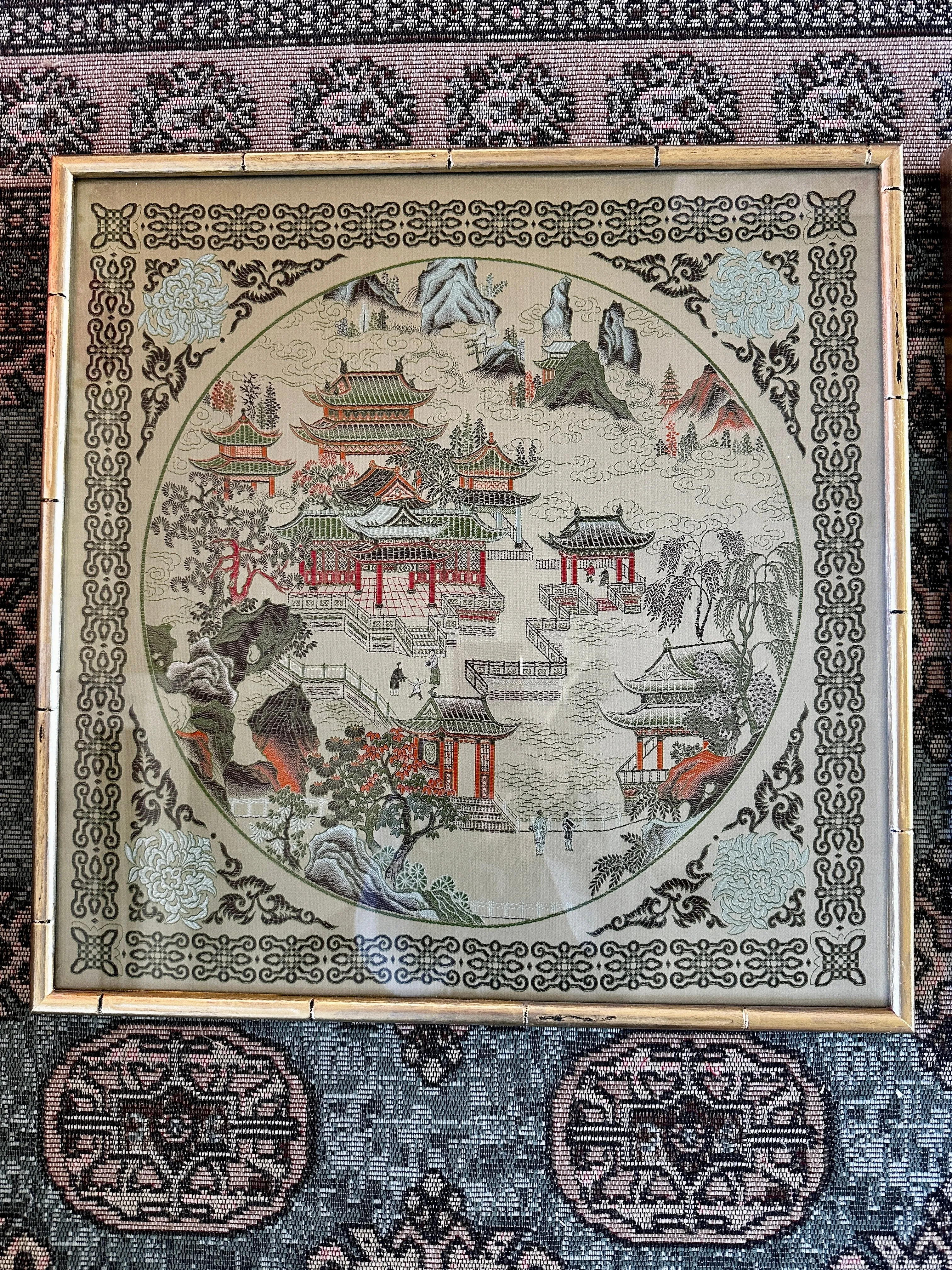 Vintage Asian Silk Art Bamboo Frame - Blue and Green Each Sold Separately