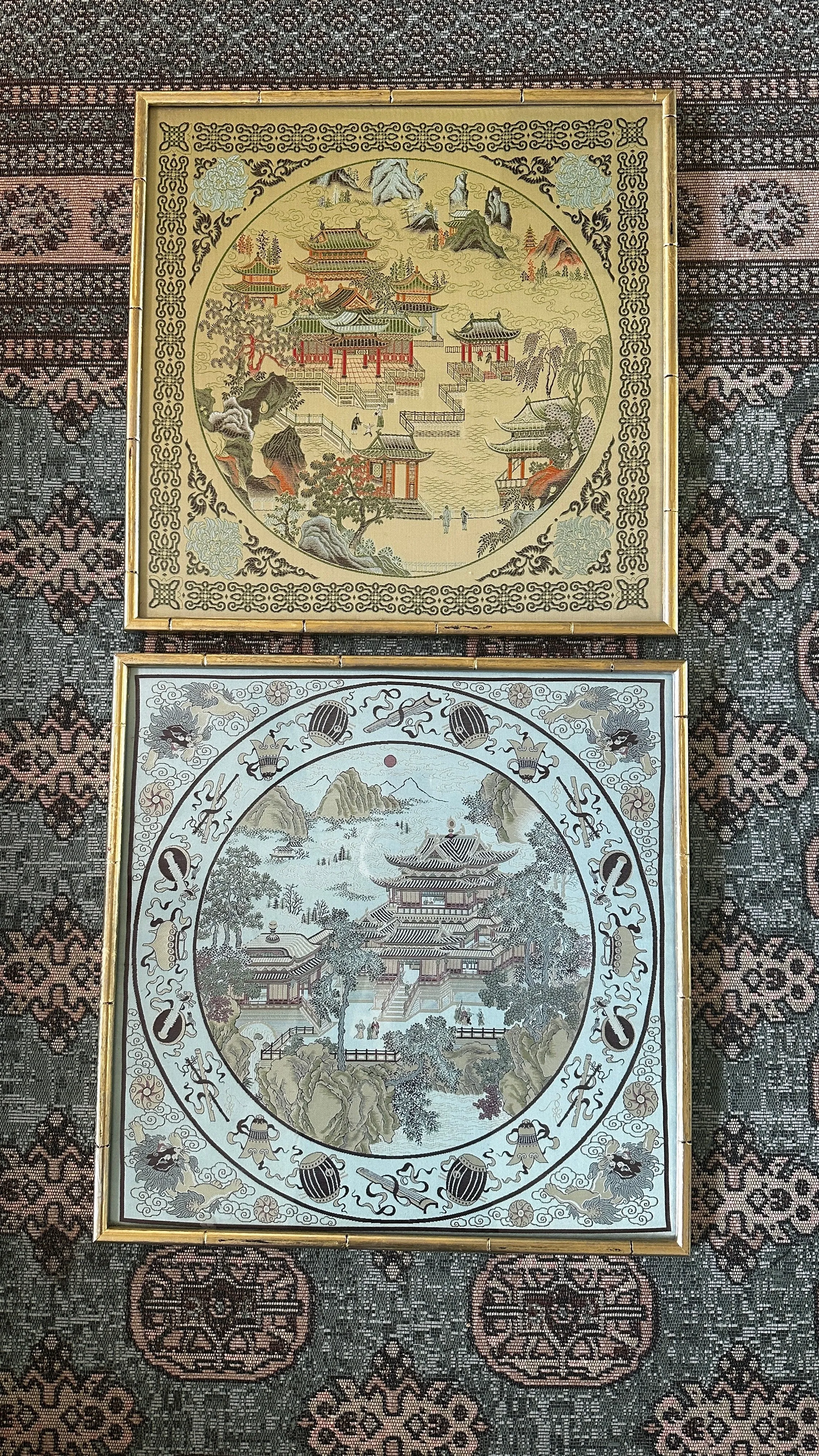 Vintage Asian Silk Art Bamboo Frame - Blue and Green Each Sold Separately